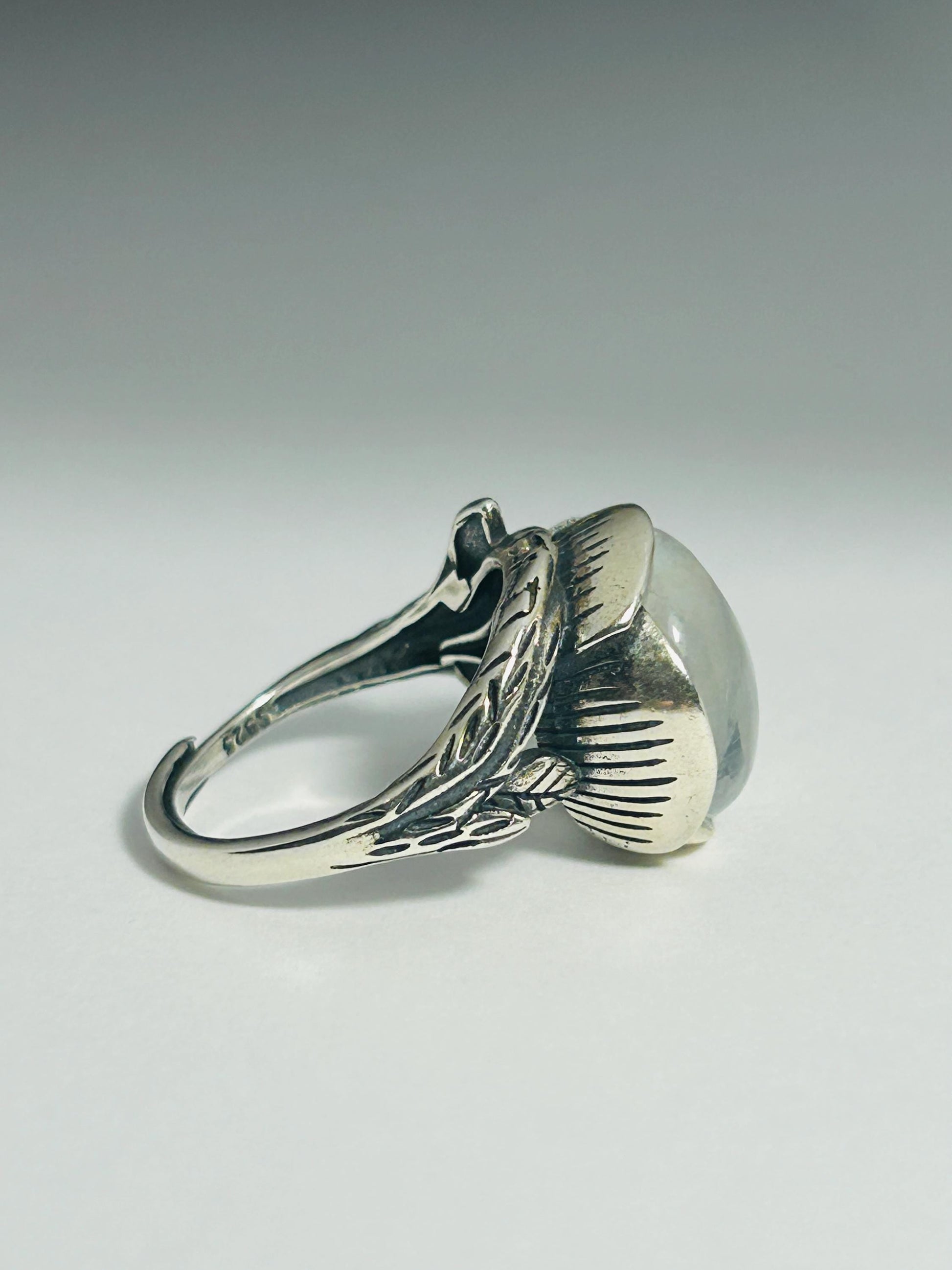 Large Moonstone Ring with Blue Flash in 925 Sterling Silver - Ornate Bohemian Statement Band Celtic Dragon Jewellery