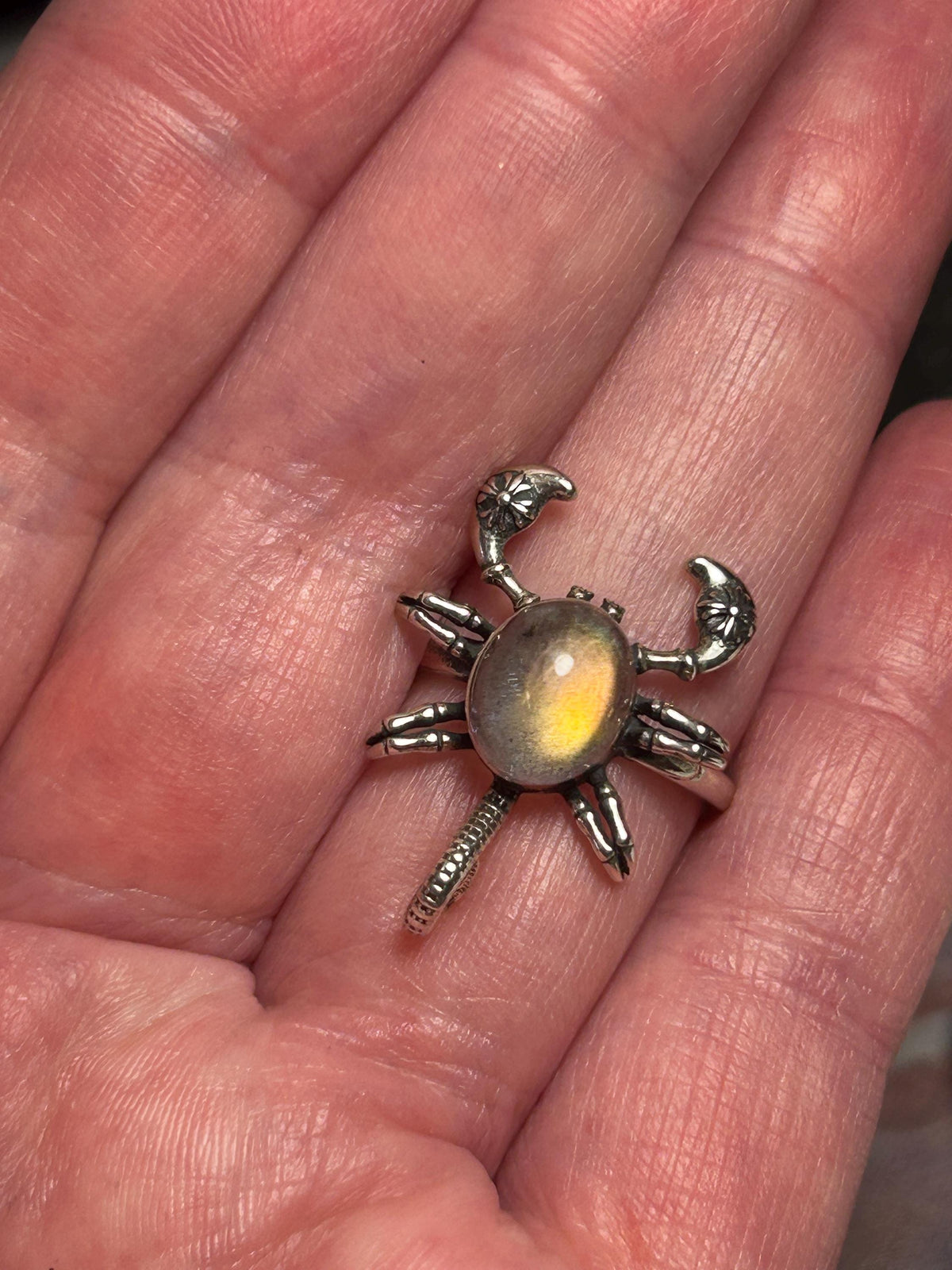 Scorpion Ring with Orange Labradorite in 925 Sterling Silver - Adjustable Goth Statement Jewellery Celtic Dragon Jewellery