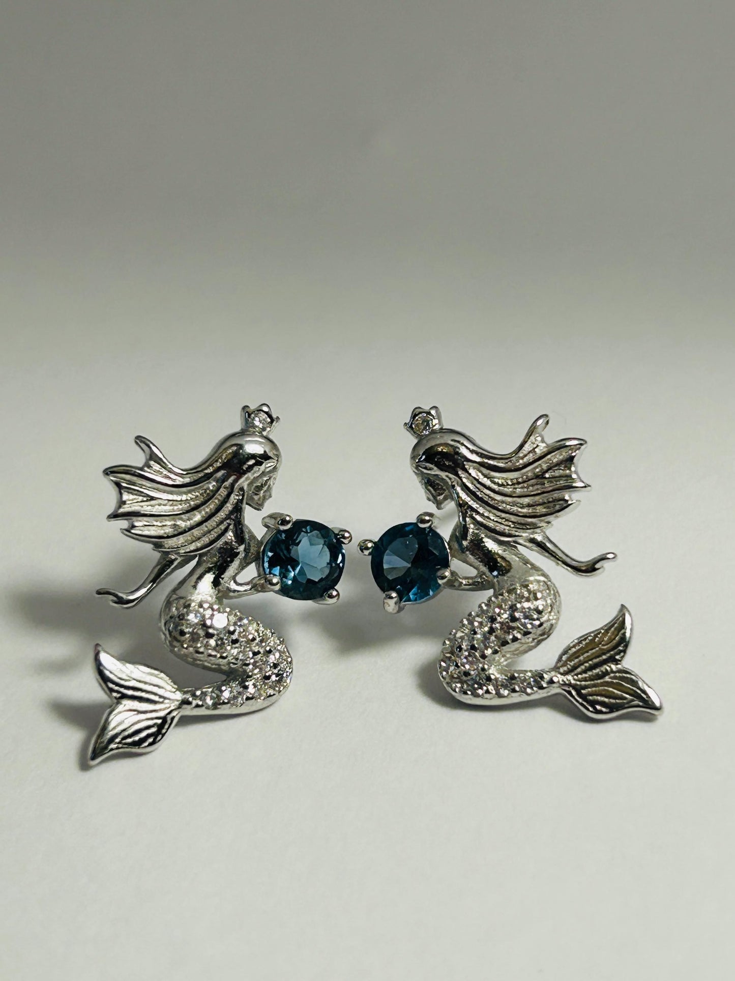 Mermaid Earrings With Blue Topaz & CZ - 925 Sterling Silver Girls or Ladies Ear Studs Celtic Dragon Jewellery