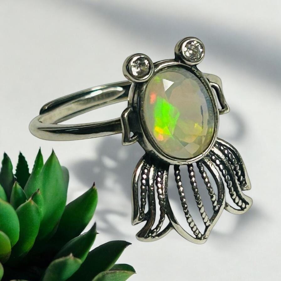 Fancy Fish Ring with Opal & CZ in 925 Sterling Silver - Adjustable Goth Jewellery Celtic Dragon Jewellery