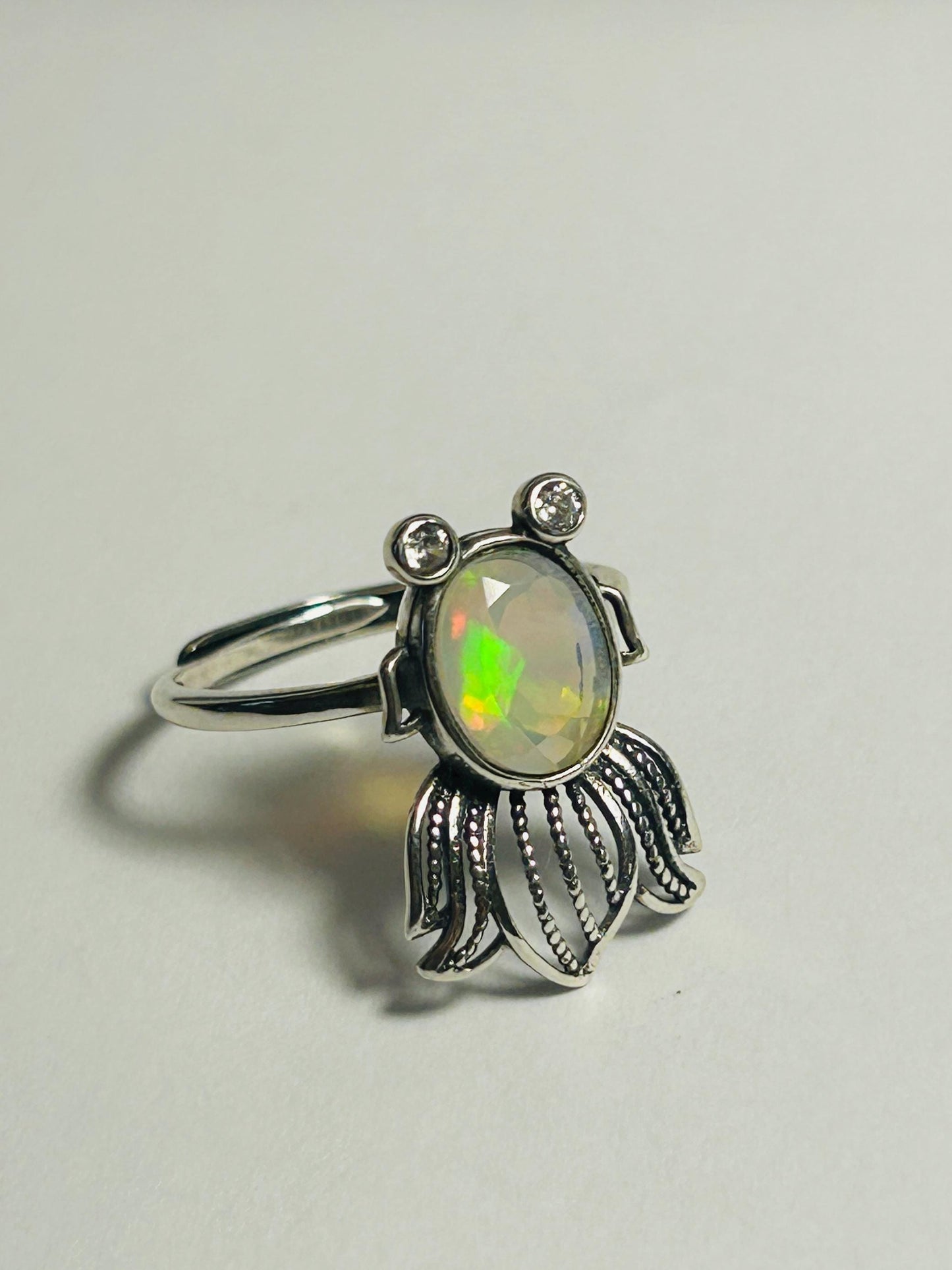 Fancy Fish Ring with Opal & CZ in 925 Sterling Silver - Adjustable Goth Jewellery Celtic Dragon Jewellery