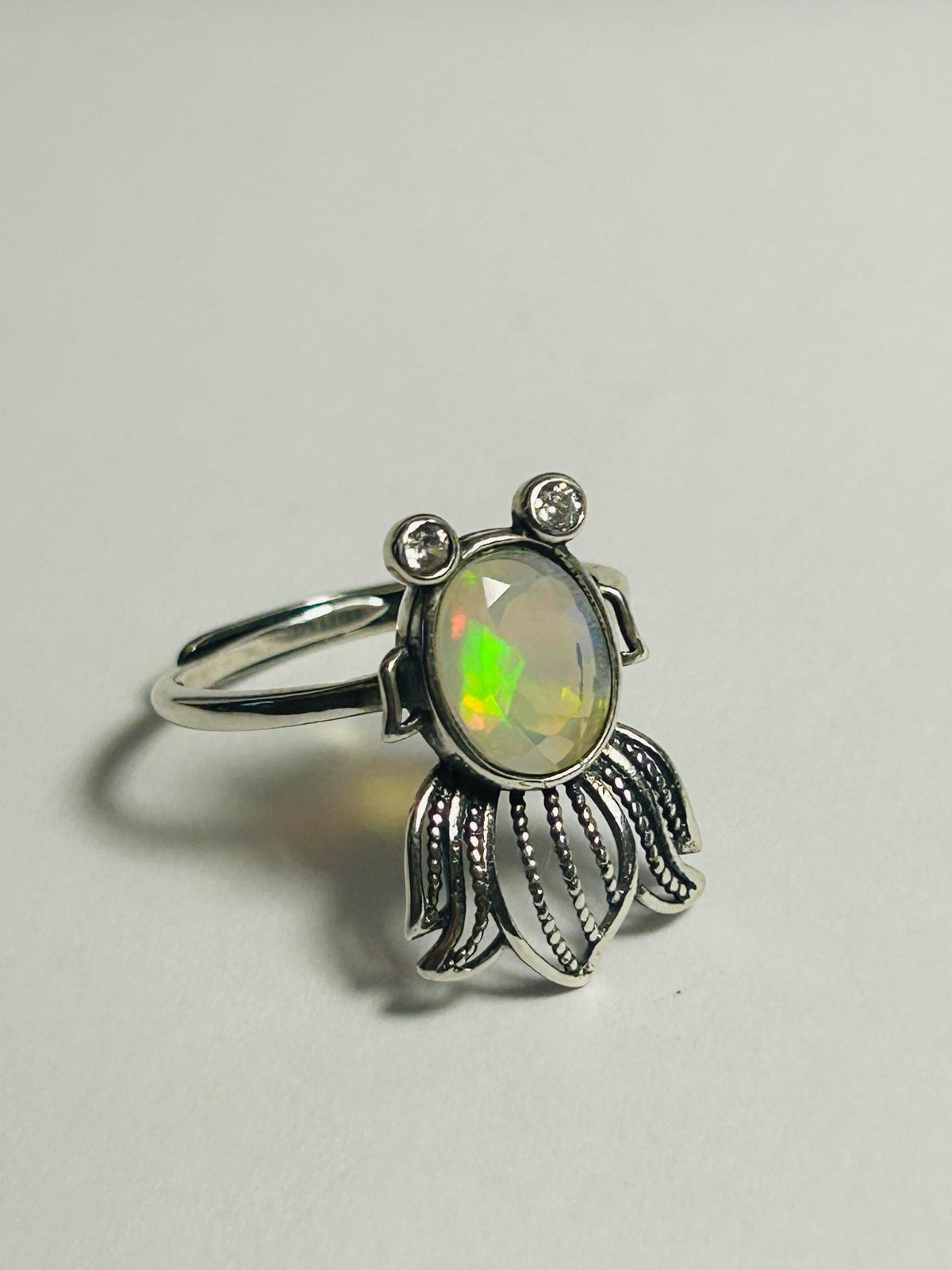 Fancy Fish Ring with Opal & CZ in 925 Sterling Silver - Adjustable Goth Jewellery Celtic Dragon Jewellery