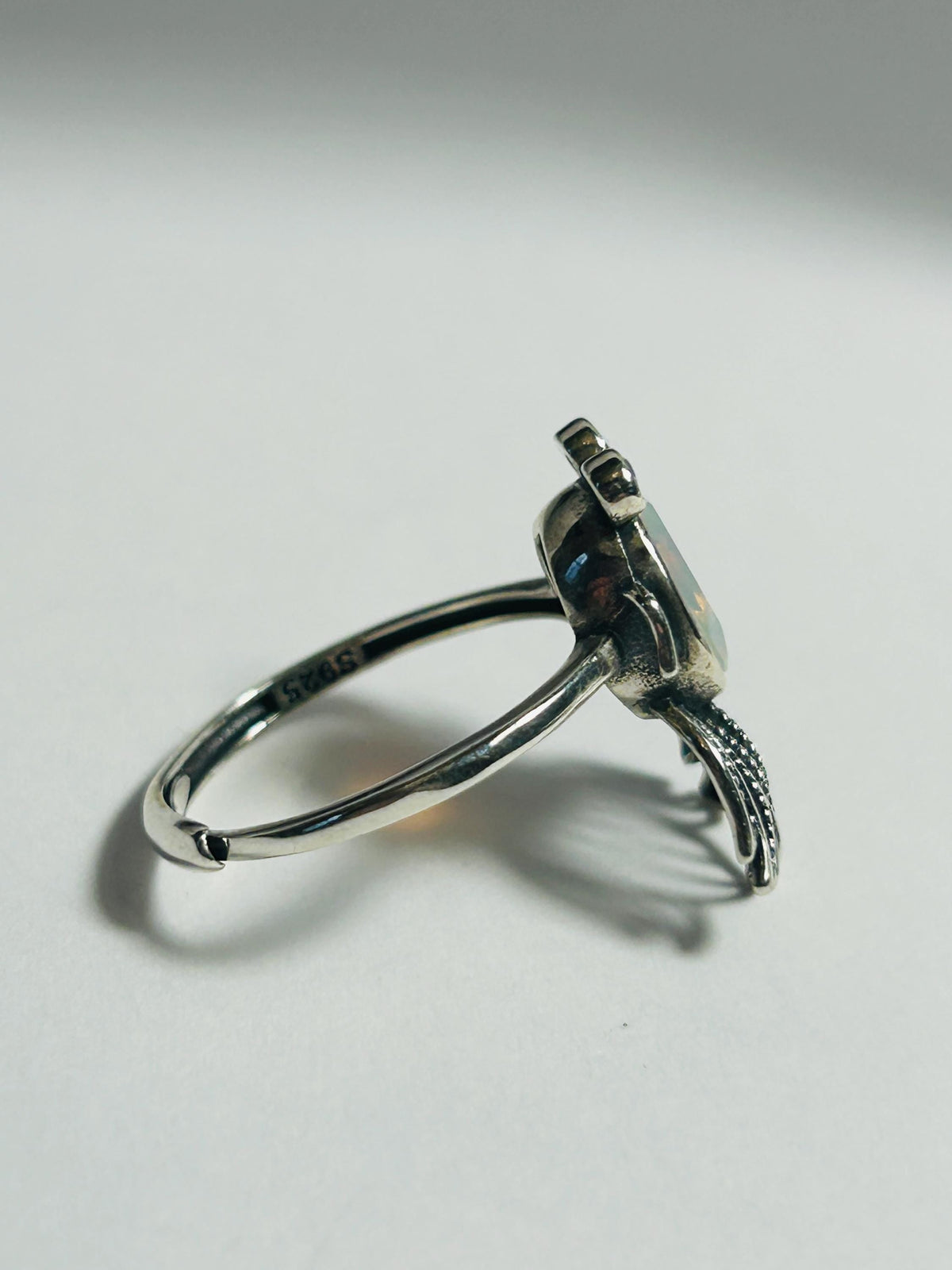 Fancy Fish Ring with Opal & CZ in 925 Sterling Silver - Adjustable Goth Jewellery Celtic Dragon Jewellery
