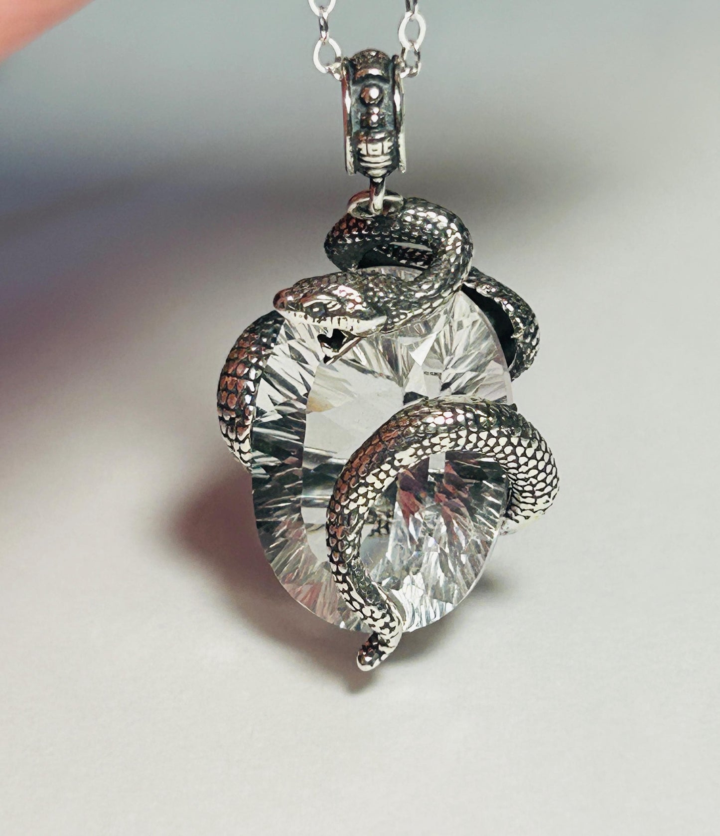 Snake Pendant With Clear Quartz in 925 Sterling Silver