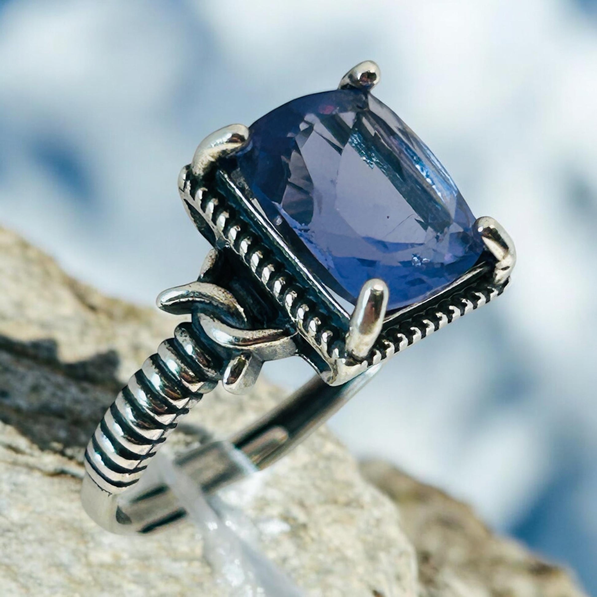 Blue Fluorite Ring, 925 Sterling Silver, Emerald Cut Gothic Jewellery Celtic Dragon Jewellery