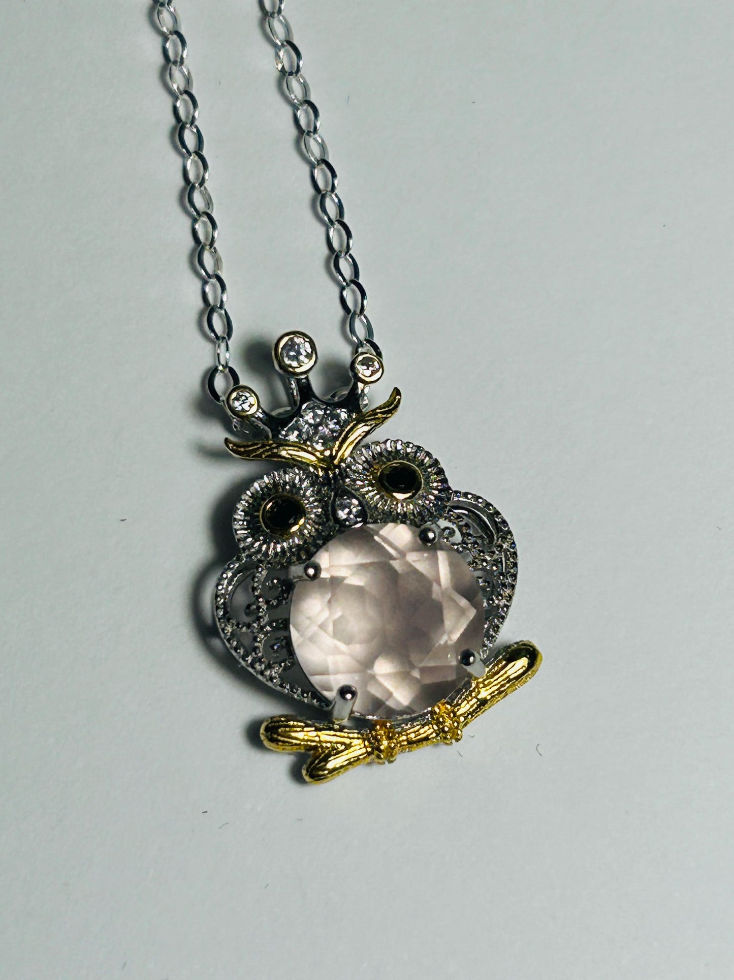 Owl Pendant With Faceted Rose Quartz in 925 Sterling Silver