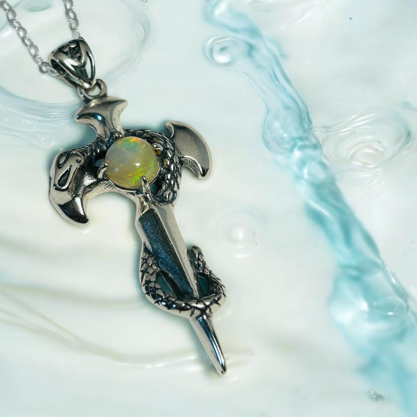 Snake On Sword Pendant With Opal in 925 Sterling Silver Celtic Dragon Jewellery