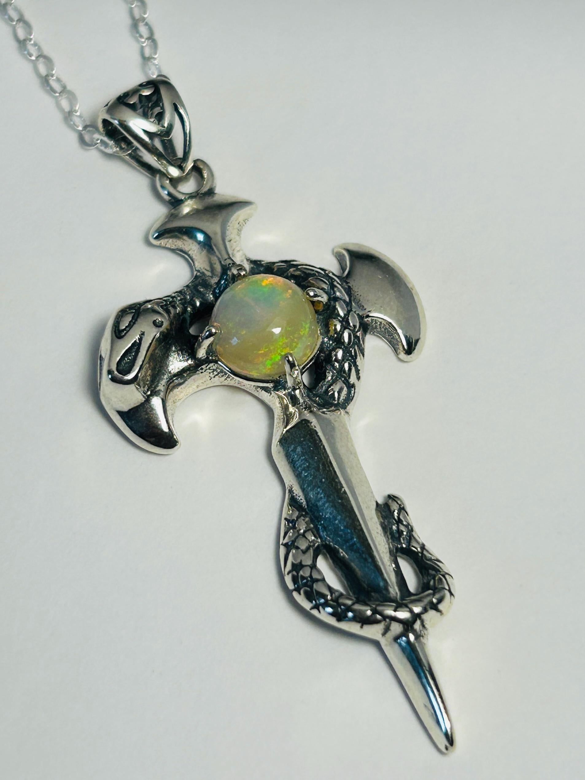 Snake On Sword Pendant With Opal in 925 Sterling Silver Celtic Dragon Jewellery
