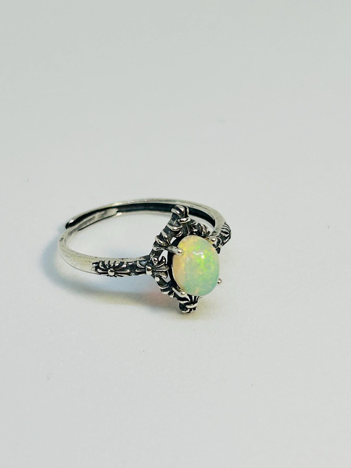 Fleur De Lys Ring with Opal in 925 Sterling Silver - Adjustable Statement Jewellery Celtic Dragon Jewellery