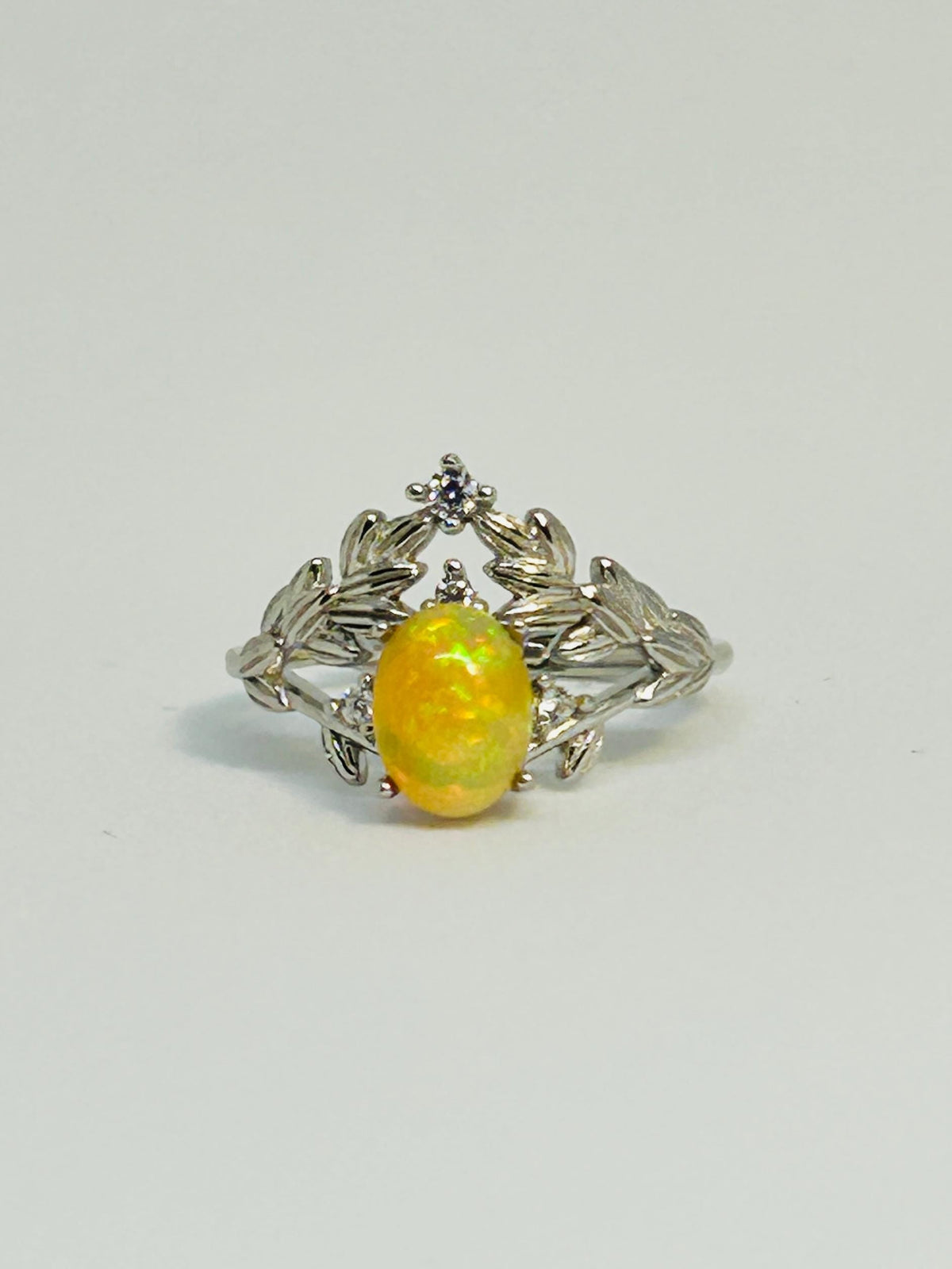 Chevron Vine Leaf Ring with Opal in 925 Sterling Silver - Adjustable Statement Jewellery Celtic Dragon Jewellery