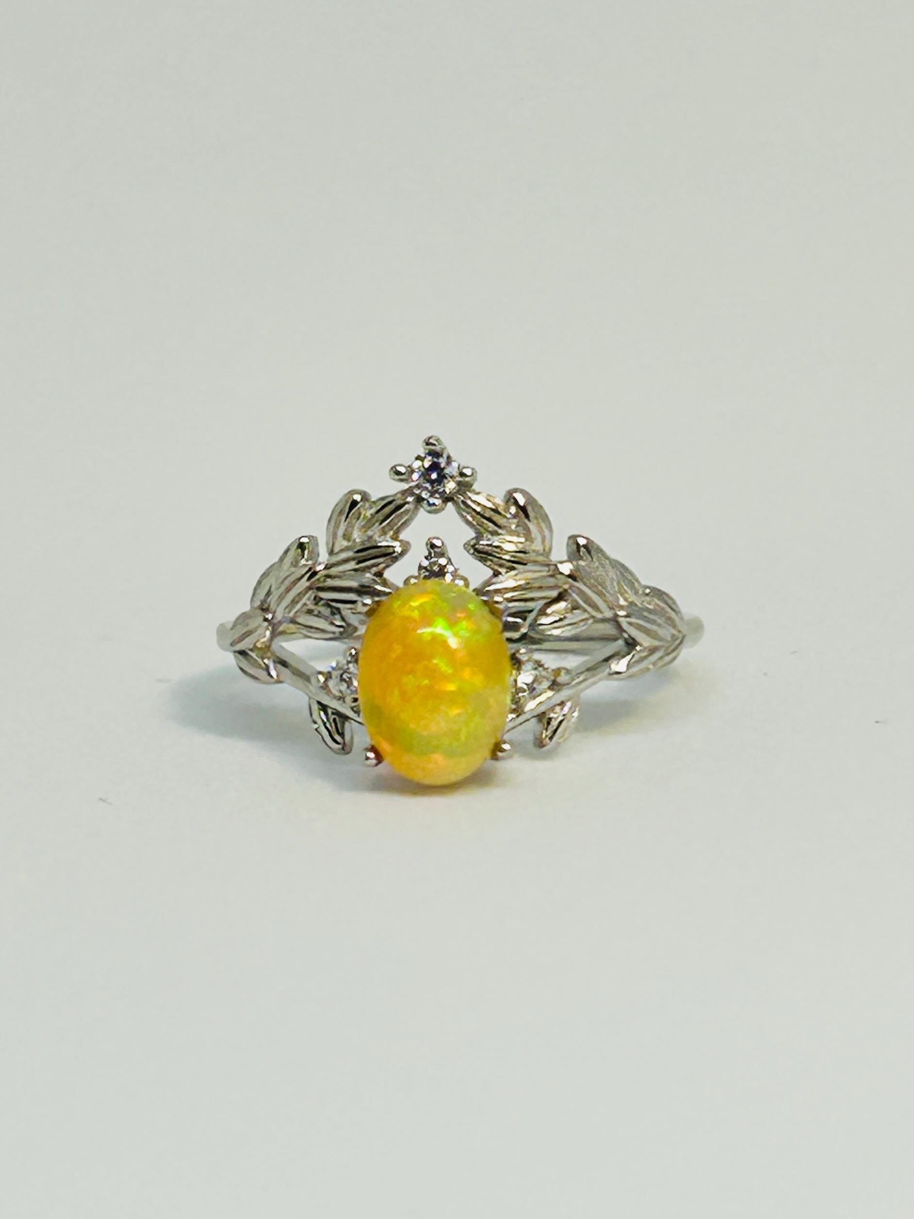 Chevron Vine Leaf Ring with Opal in 925 Sterling Silver - Adjustable Statement Jewellery Celtic Dragon Jewellery