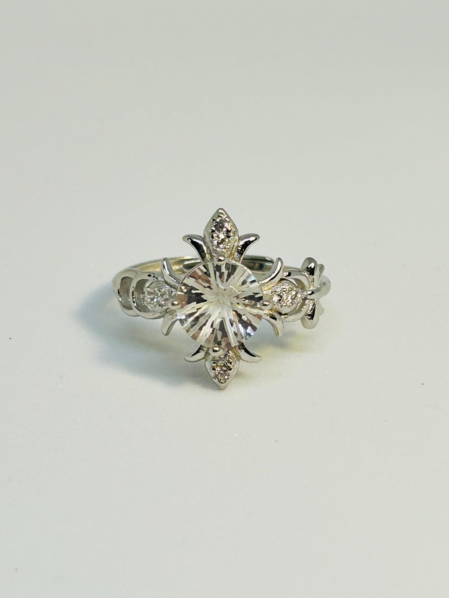 Fleur De Lys Ring with Clear Quartz in 925 Sterling Silver - Adjustable Statement Jewellery Celtic Dragon Jewellery
