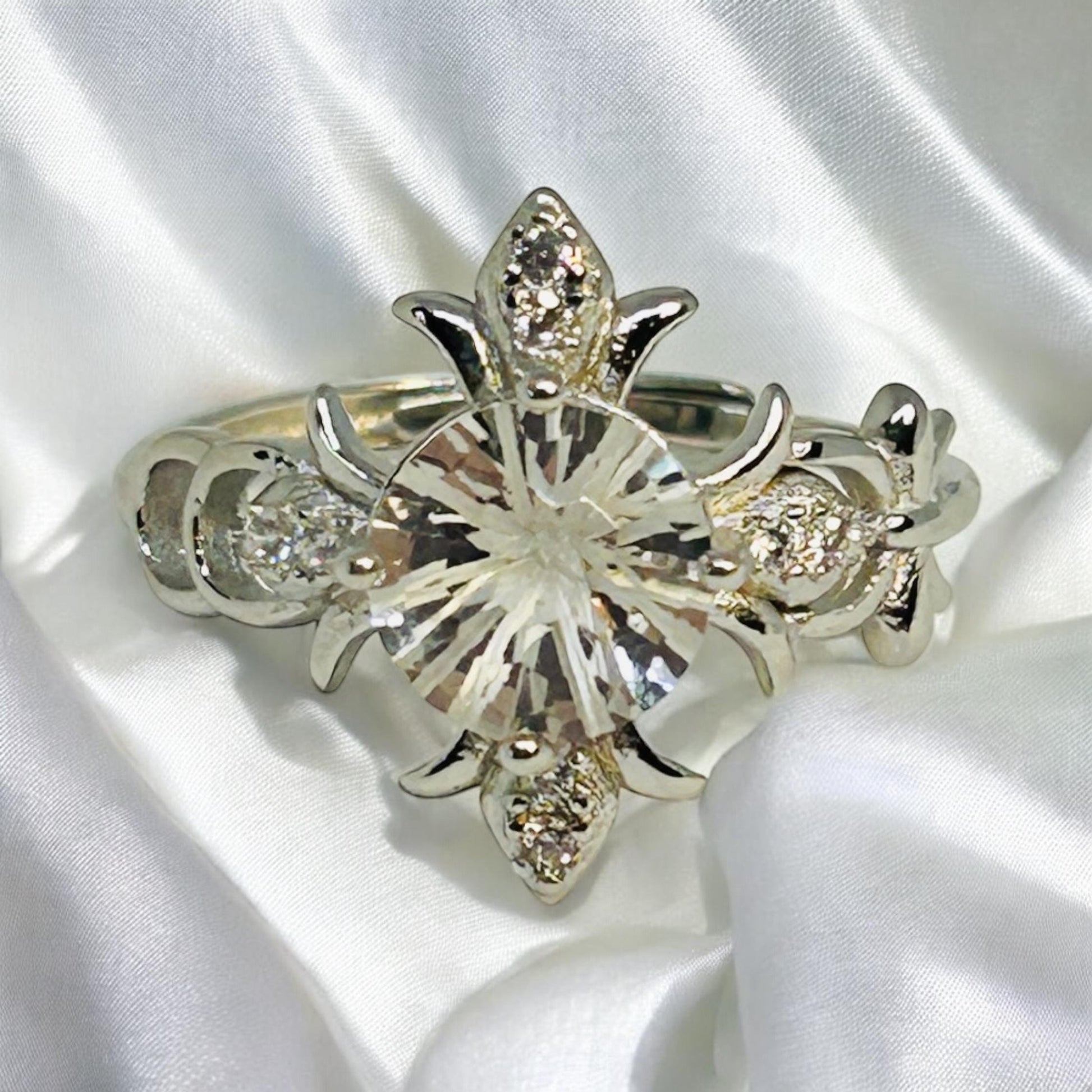 Fleur De Lys Ring with Clear Quartz in 925 Sterling Silver - Adjustable Statement Jewellery Celtic Dragon Jewellery