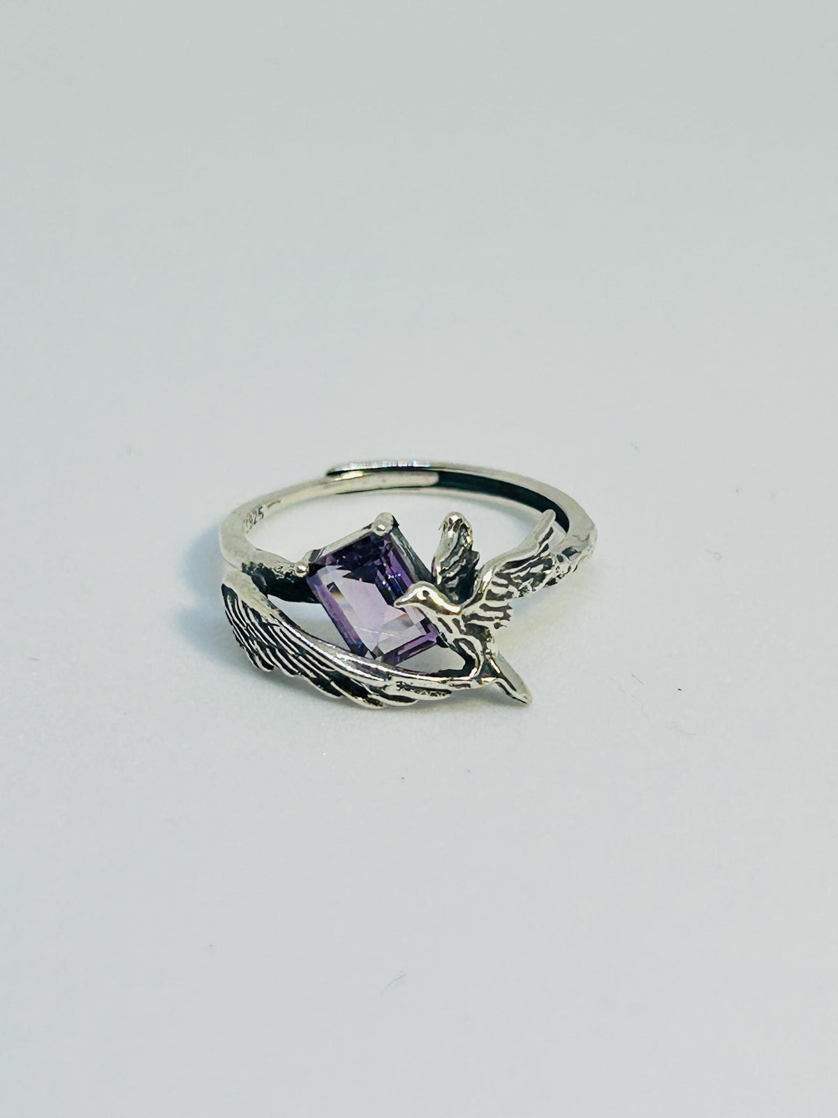 Bird Ring with Amethyst in 925 Sterling Silver - Adjustable Gothic Jewellery