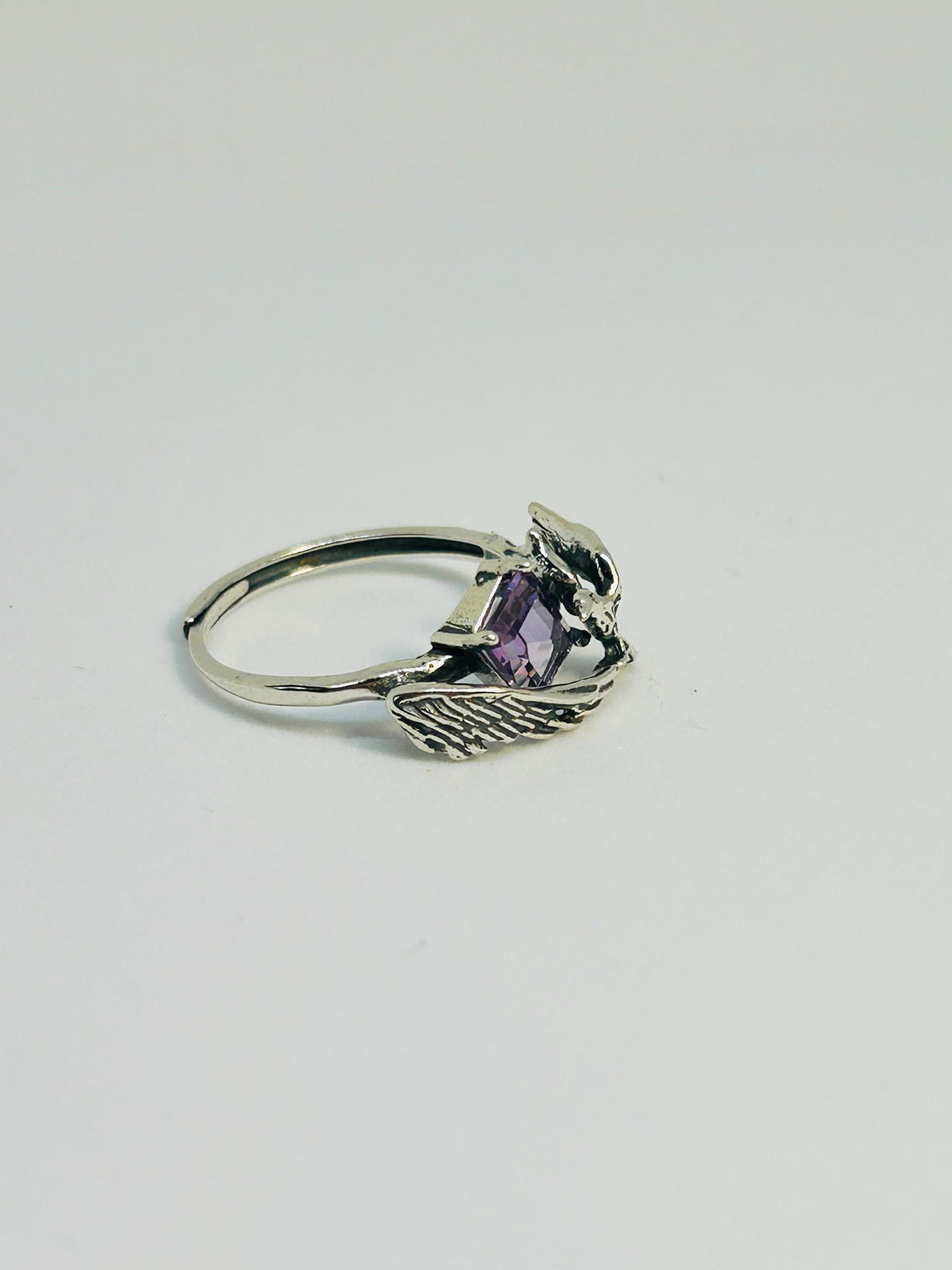 Bird Ring with Amethyst in 925 Sterling Silver - Adjustable Gothic Jewellery