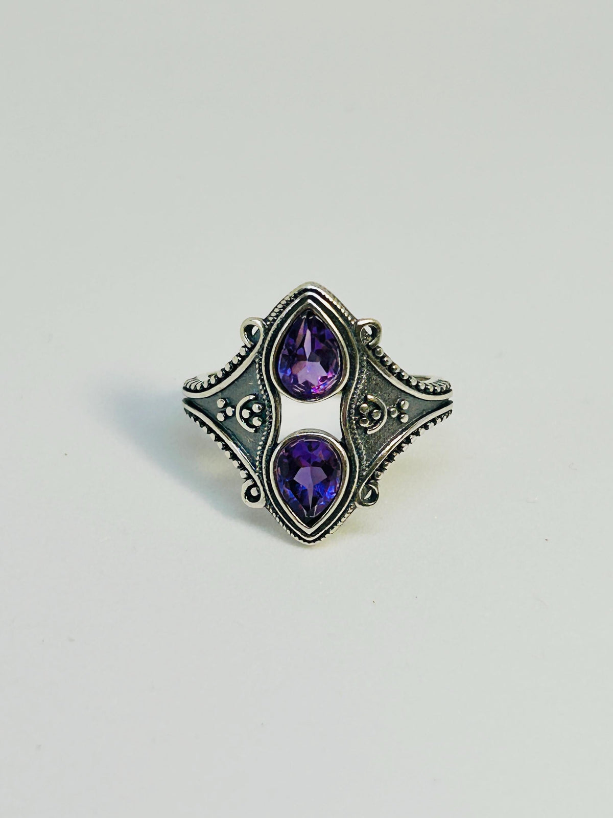 Double Amethyst Teardrop Ring in 925 Sterling Silver - Adjustable Gothic Jewellery Celtic Dragon Jewellery