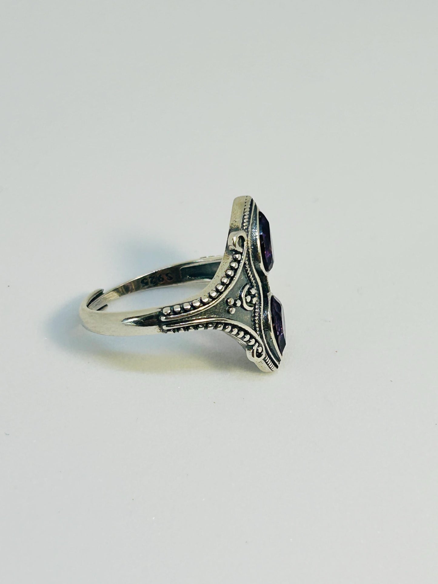 Double Amethyst Teardrop Ring in 925 Sterling Silver - Adjustable Gothic Jewellery Celtic Dragon Jewellery