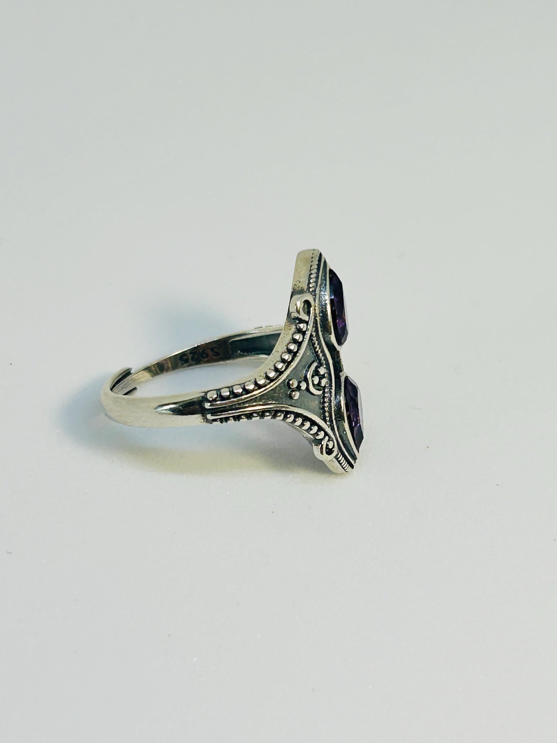 Double Amethyst Teardrop Ring in 925 Sterling Silver - Adjustable Gothic Jewellery Celtic Dragon Jewellery