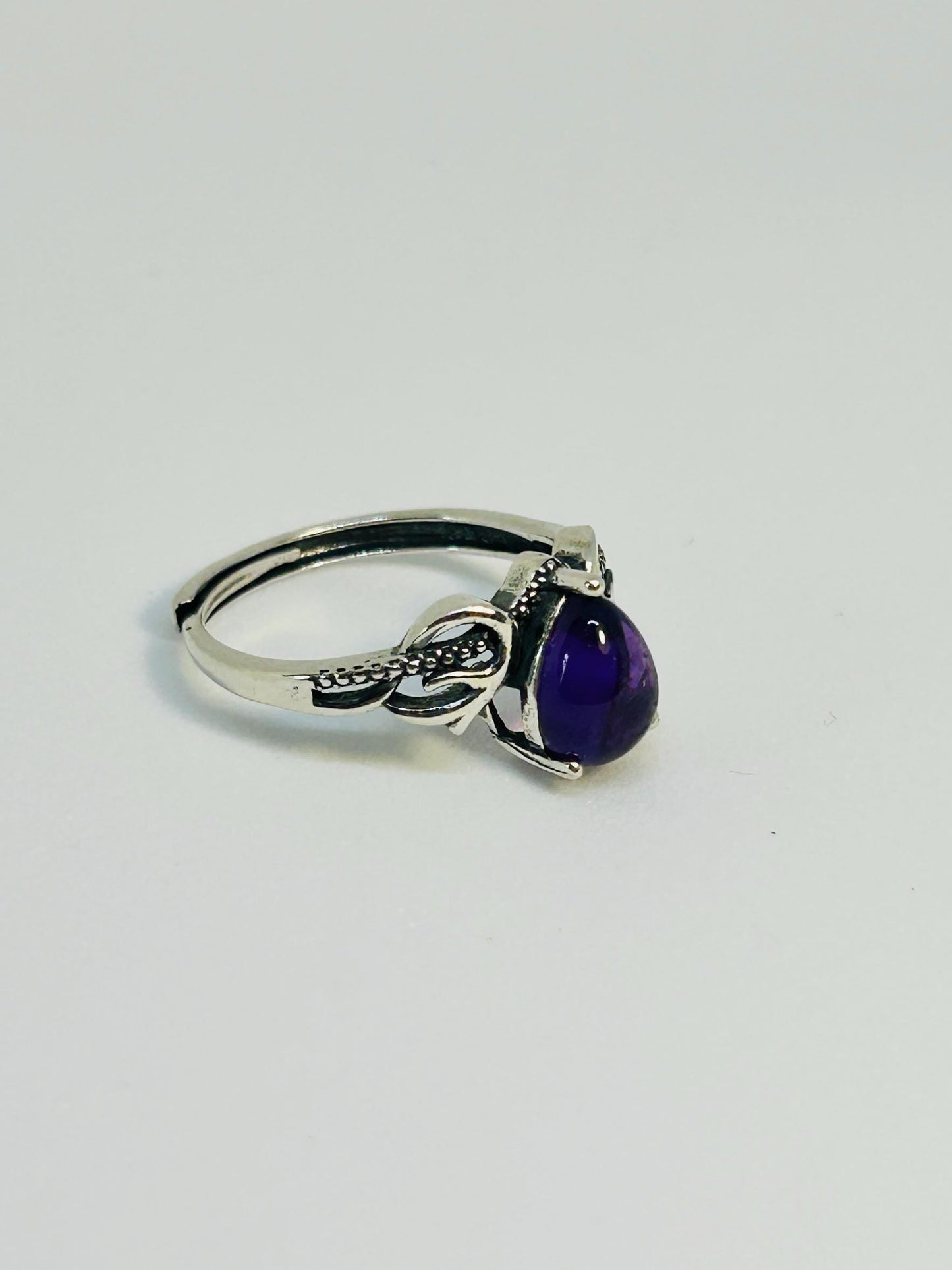 Amethyst Teardrop Ring in 925 Sterling Silver - Adjustable Gothic Romance Jewellery Celtic Dragon Jewellery