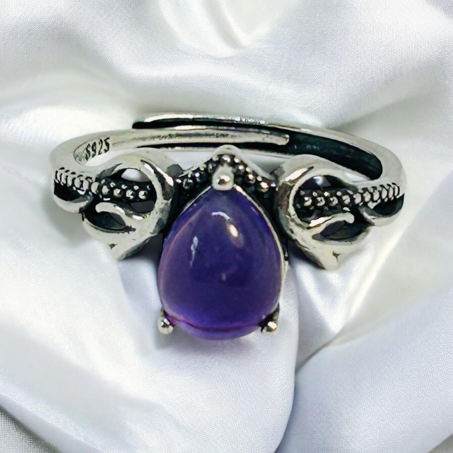 Amethyst Teardrop Ring in 925 Sterling Silver - Adjustable Gothic Romance Jewellery Celtic Dragon Jewellery