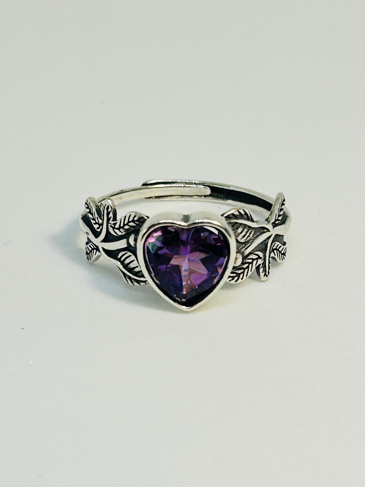 Amethyst Heart Ring with Leaf Design in 925 Sterling Silver - Adjustable Romantic Jewellery Celtic Dragon Jewellery