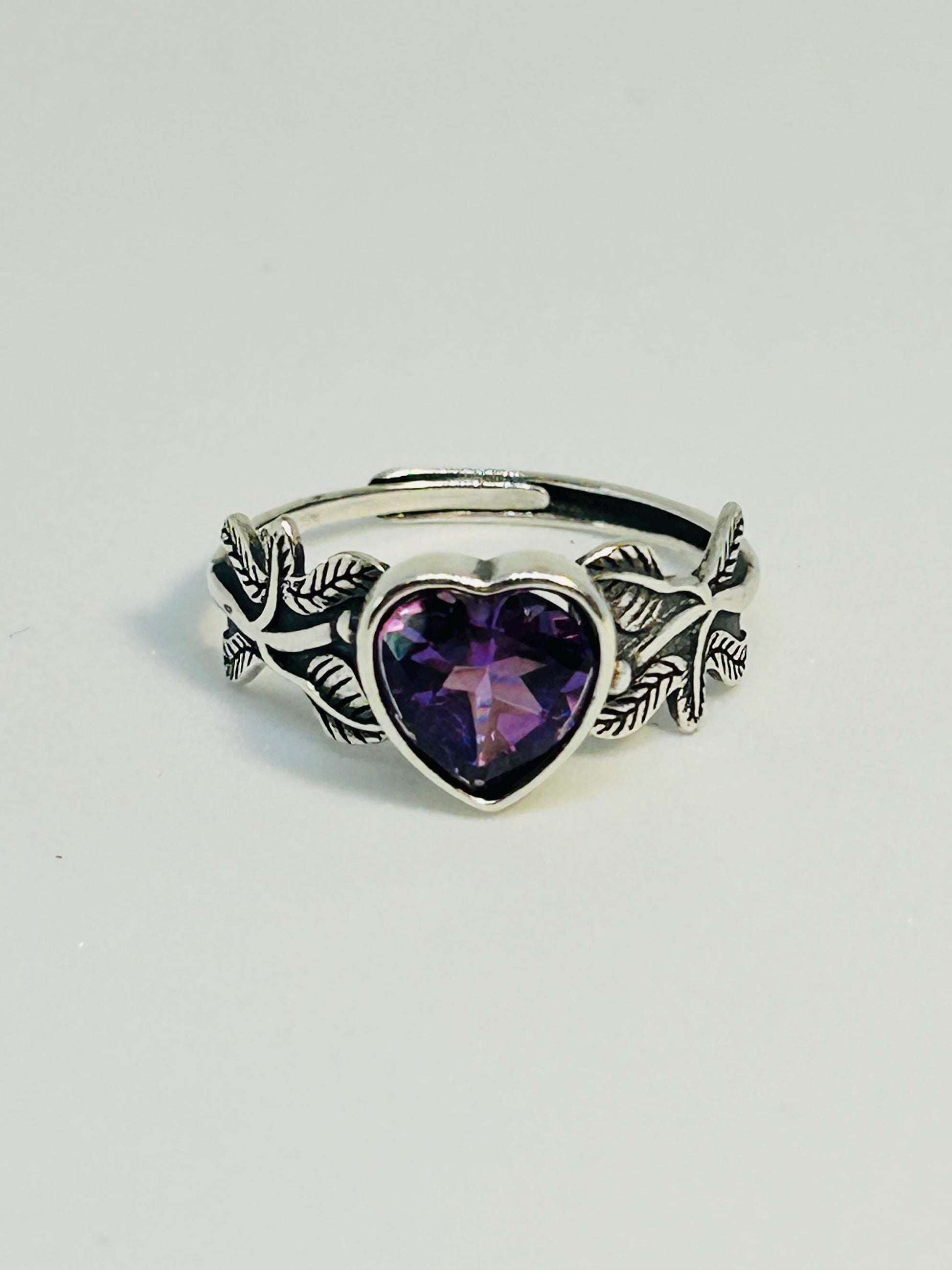 Amethyst Heart Ring with Leaf Design in 925 Sterling Silver - Adjustable Romantic Jewellery Celtic Dragon Jewellery