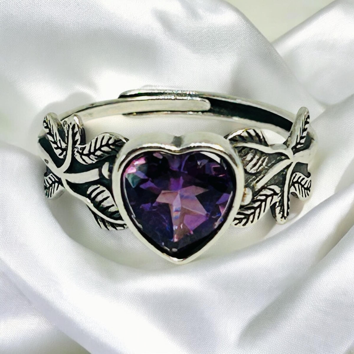 Amethyst Heart Ring with Leaf Design in 925 Sterling Silver - Adjustable Romantic Jewellery Celtic Dragon Jewellery