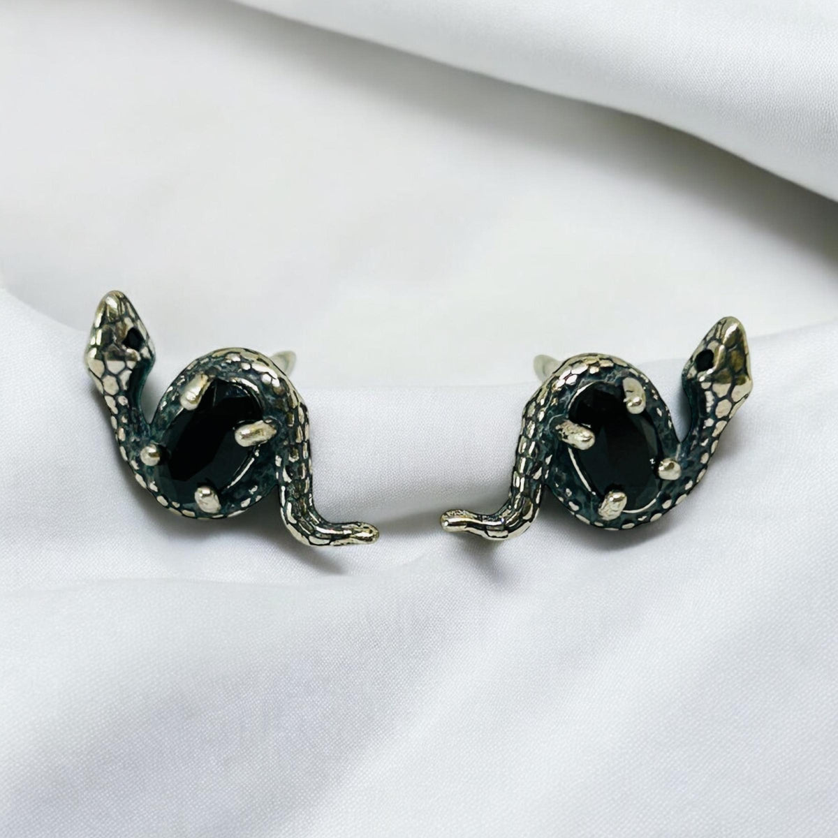 Small Snake Earrings With Black Spinel Gemstones - 925 Sterling Silver - Gothic Serpent Jewellery