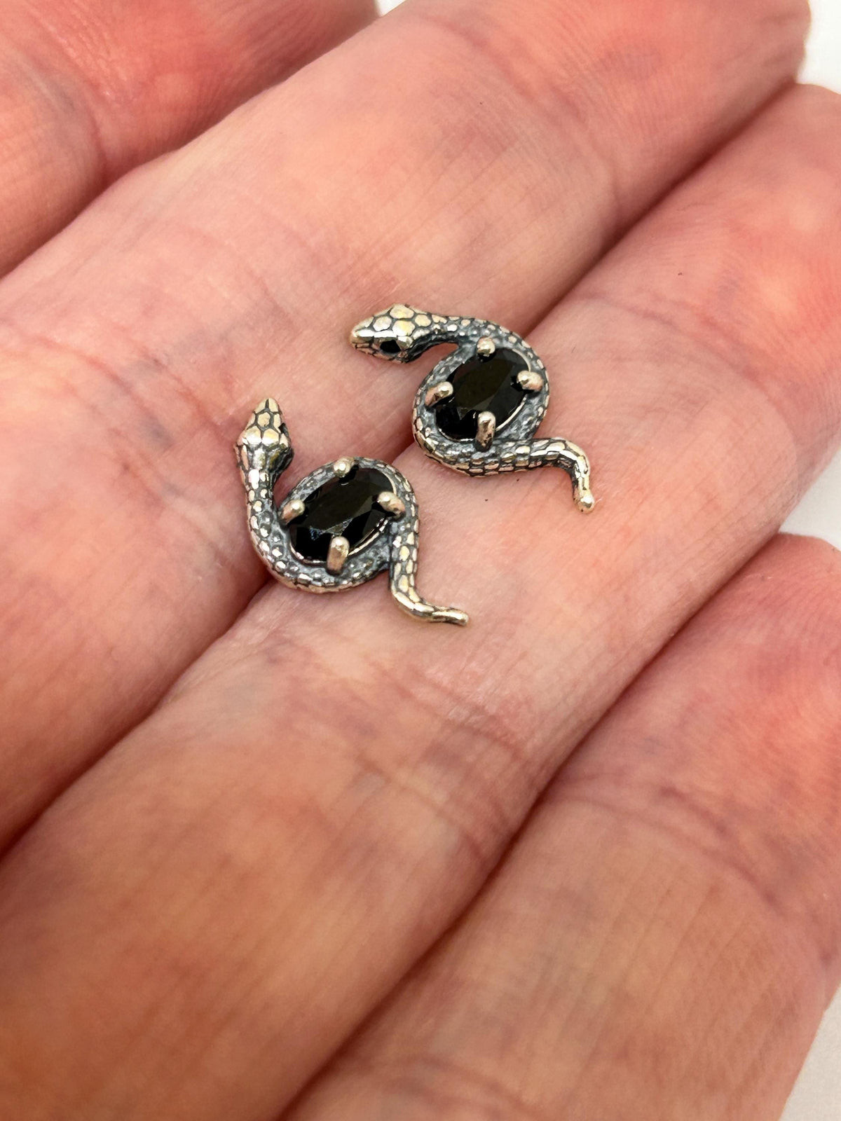 Small Snake Earrings With Black Spinel Gemstones - 925 Sterling Silver - Gothic Serpent Jewellery Celtic Dragon Jewellery