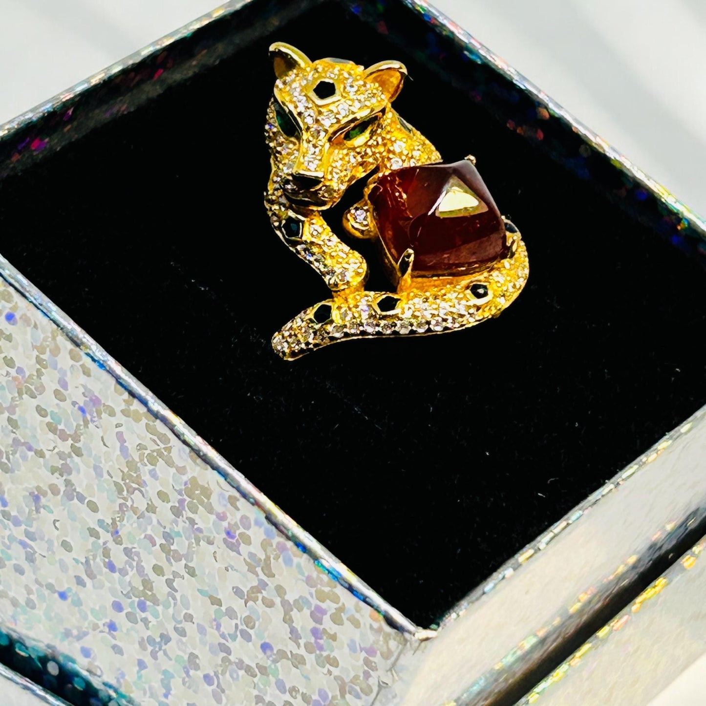 Leopard Statement Ring – Gold Plated Sterling Silver, Orange Garnet, CZ Eyes Celtic Dragon Jewellery