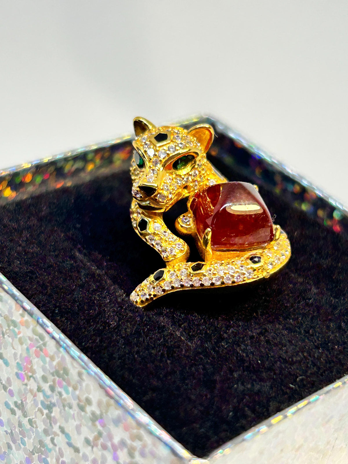 Leopard Statement Ring – Gold Plated Sterling Silver, Orange Garnet, CZ Eyes Celtic Dragon Jewellery