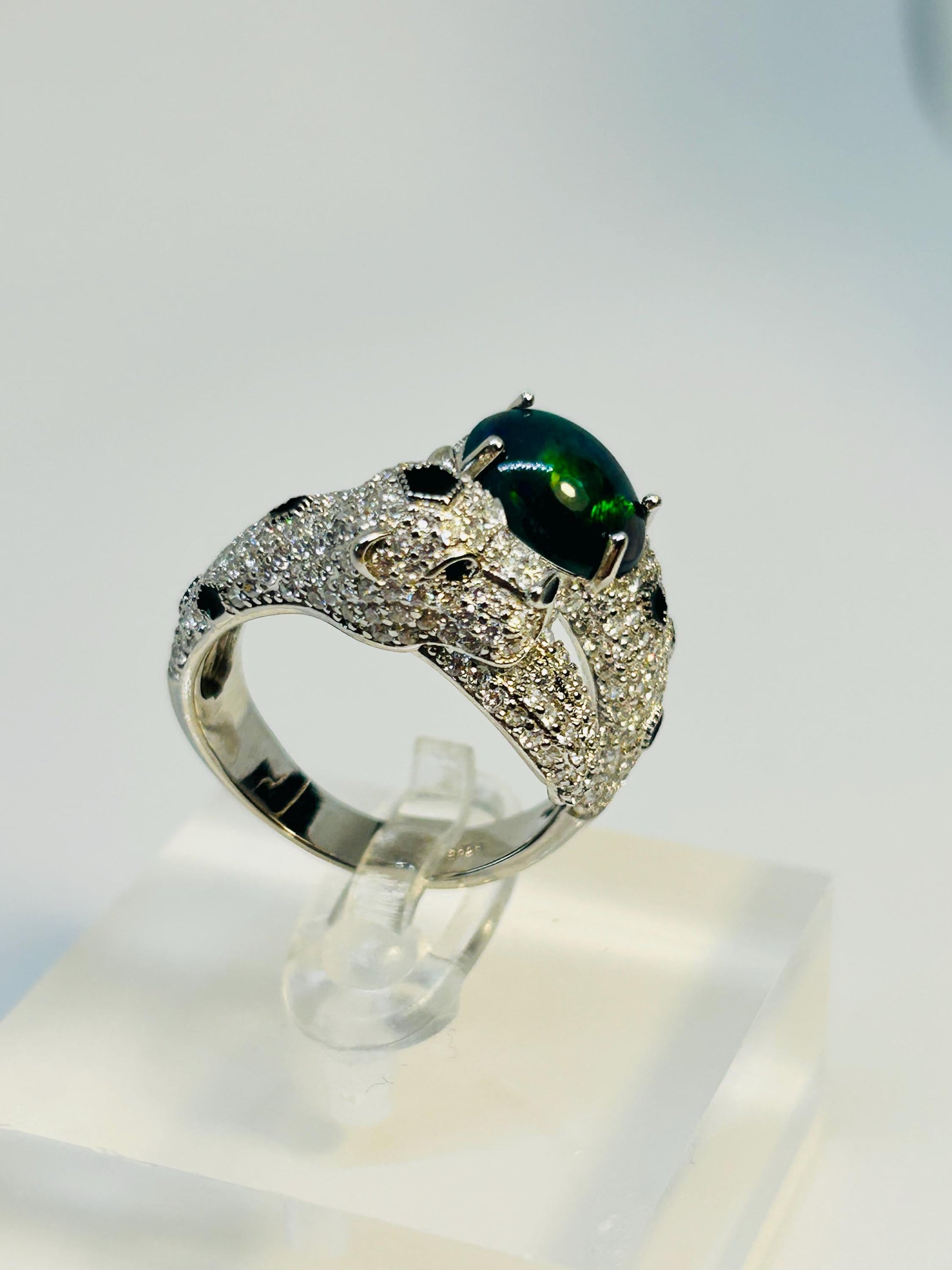 Leopard Statement Ring With Black Opal in 925 Sterling Silver - Adjustable Animal Jewellery Celtic Dragon Jewellery