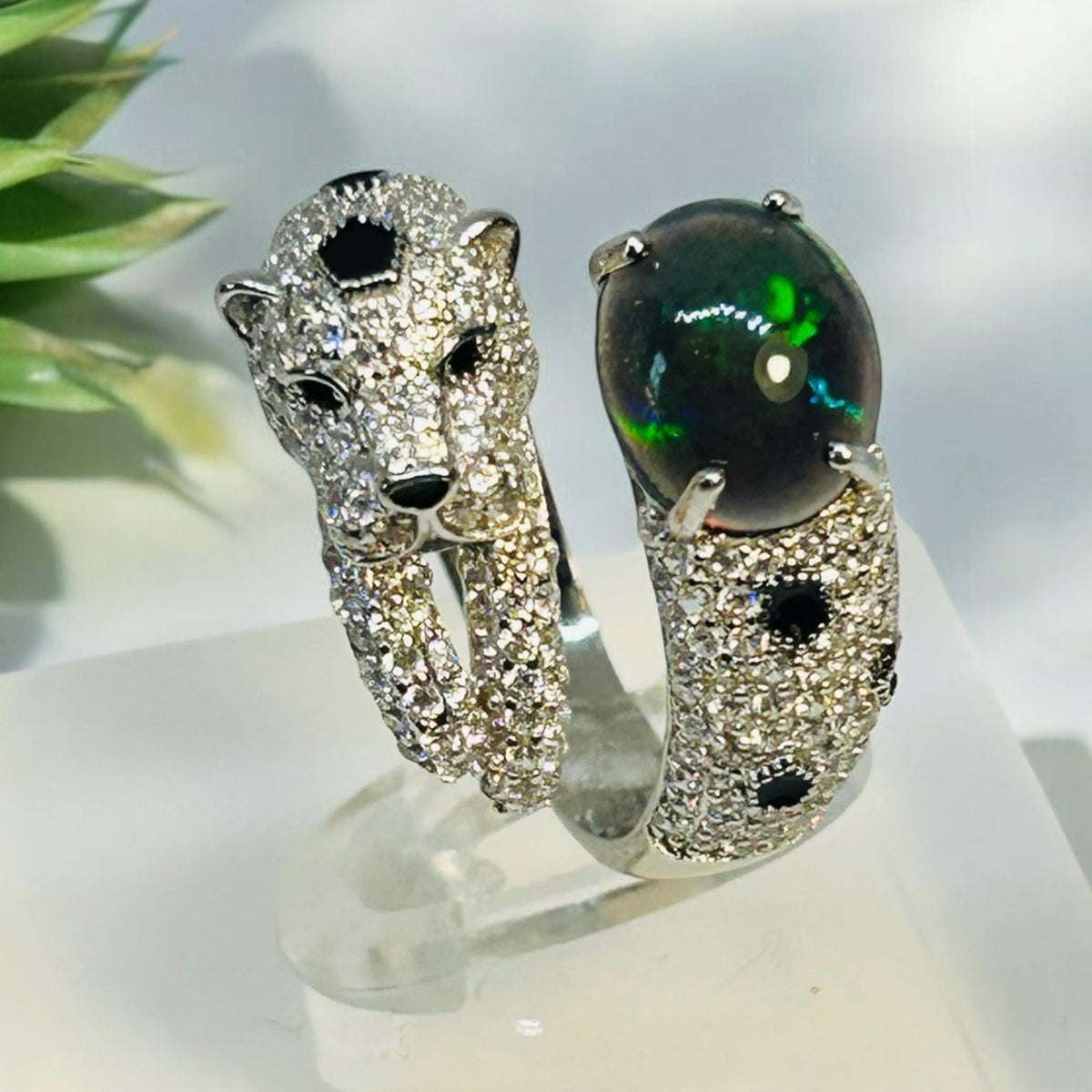 Leopard Statement Ring With Black Opal in 925 Sterling Silver - Adjustable Animal Jewellery Celtic Dragon Jewellery