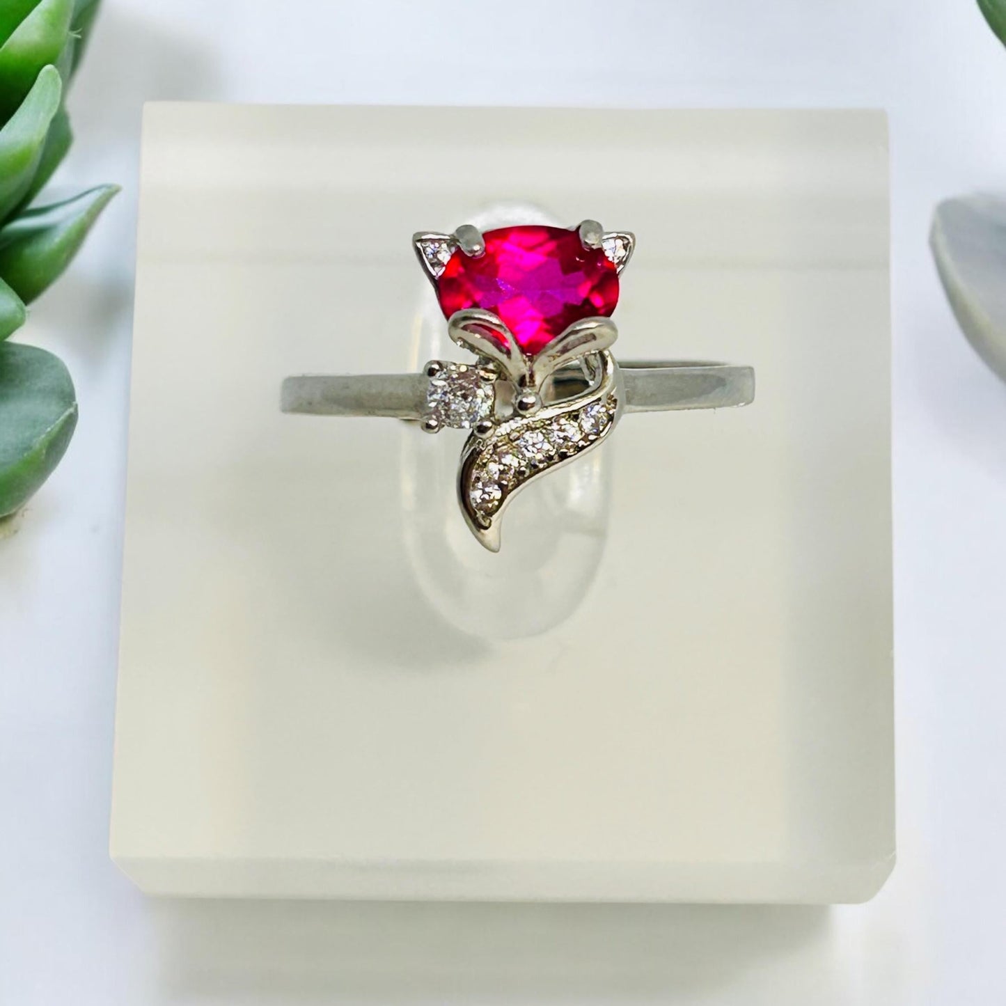 Fox Ring With Pink Topaz & CZ Accents in 925 Sterling Silver - Adjustable Animal Jewellery Celtic Dragon Jewellery