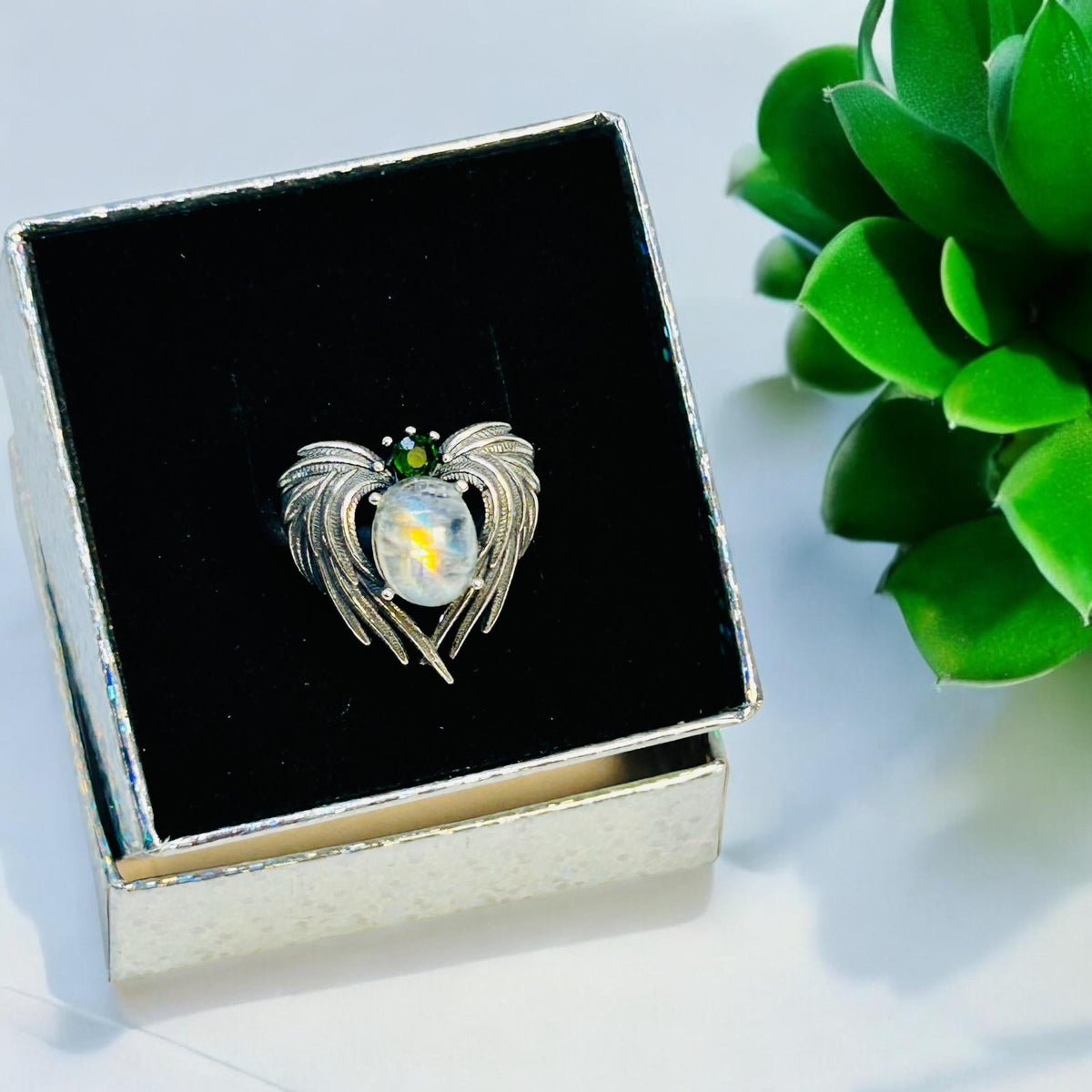 Angel Wings Ring With Moonstone & Diopside in 925 Sterling Silver - Adjustable Statement Jewellery Celtic Dragon Jewellery