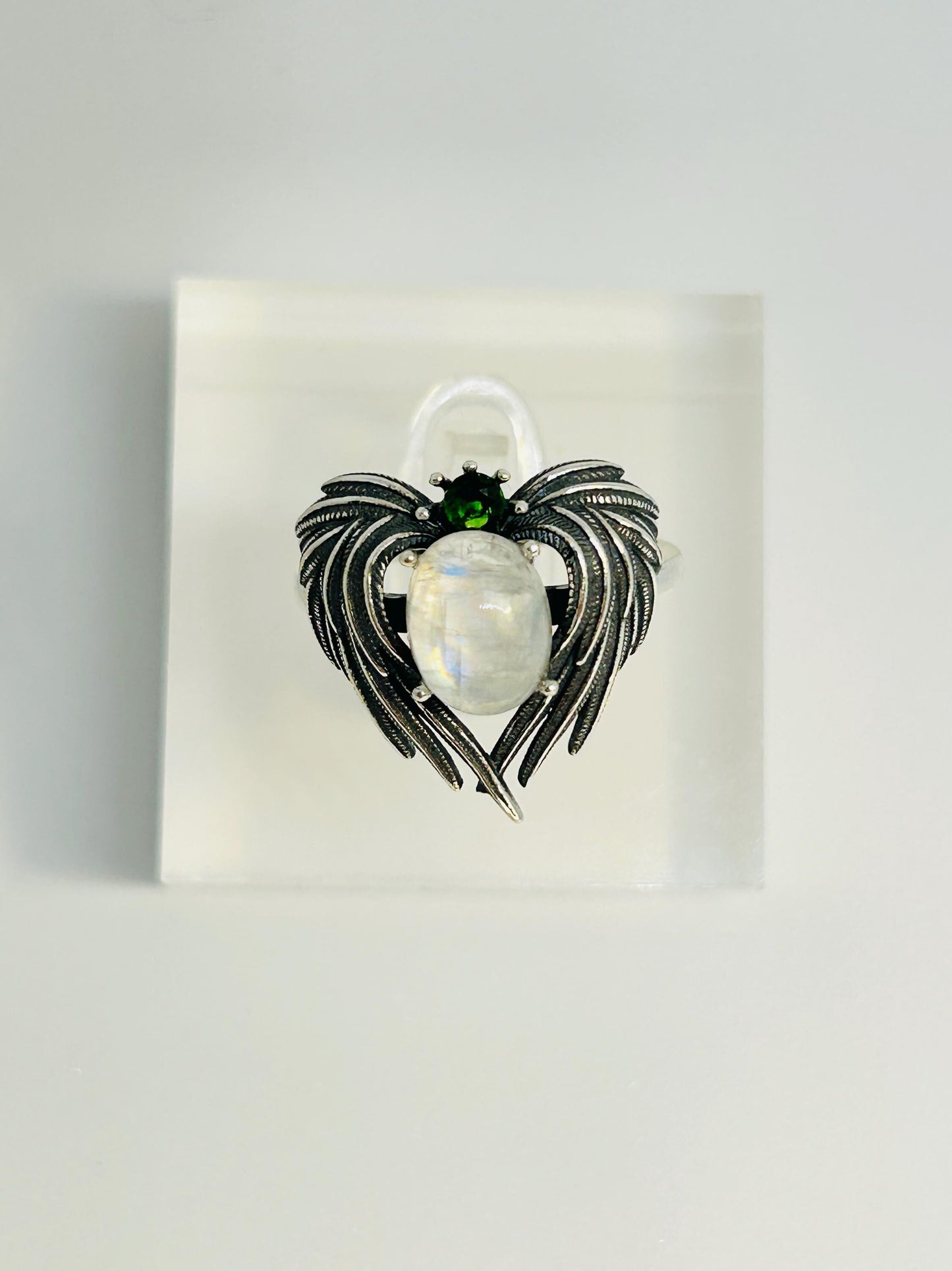 Angel Wings Ring With Moonstone & Diopside in 925 Sterling Silver - Adjustable Statement Jewellery Celtic Dragon Jewellery
