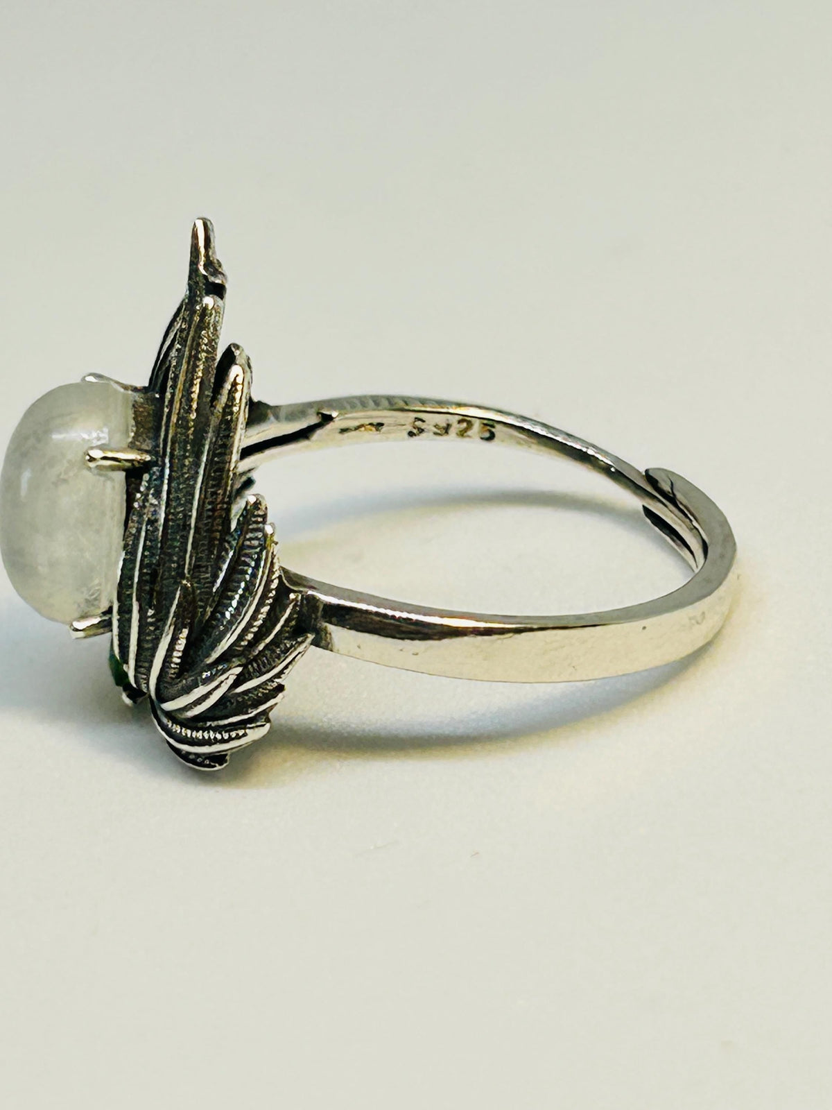 Angel Wings Ring With Moonstone & Diopside in 925 Sterling Silver - Adjustable Statement Jewellery Celtic Dragon Jewellery