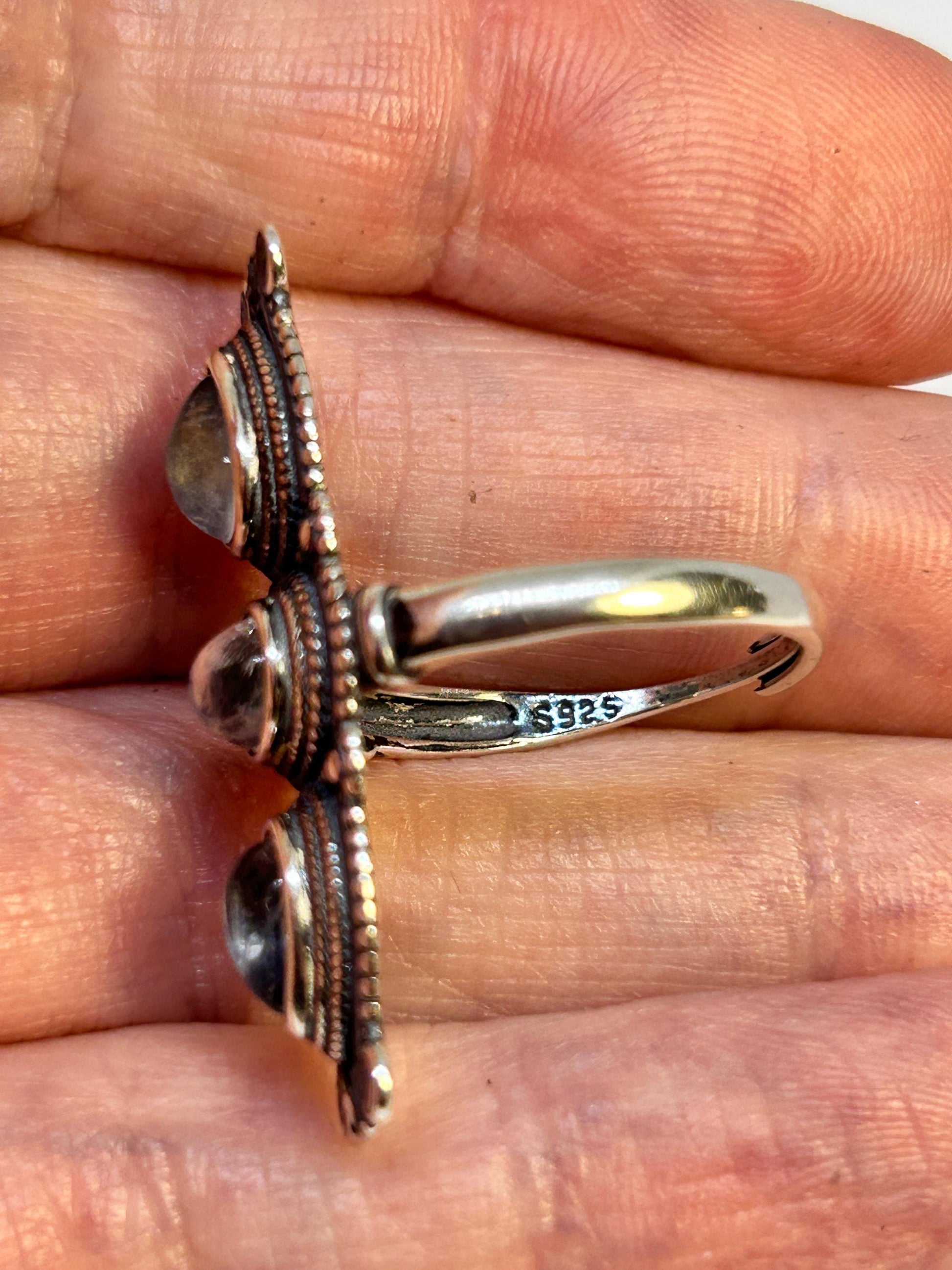 Triple Moonstone Ring in 925 Sterling Silver - Adjustable Gothic Statement Jewellery Celtic Dragon Jewellery
