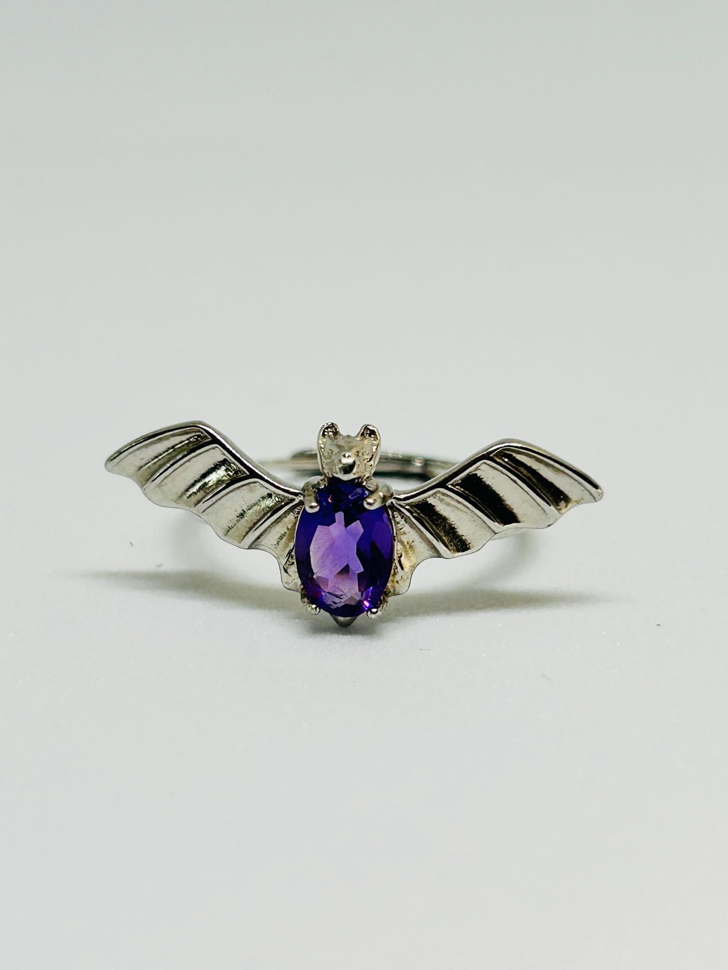 Bat Ring with Amethyst in 925 Sterling Silver - Adjustable Gothic Jewellery Celtic Dragon Jewellery