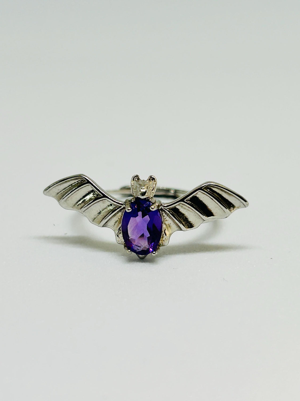 Bat Ring with Amethyst in 925 Sterling Silver - Adjustable Gothic Jewellery Celtic Dragon Jewellery