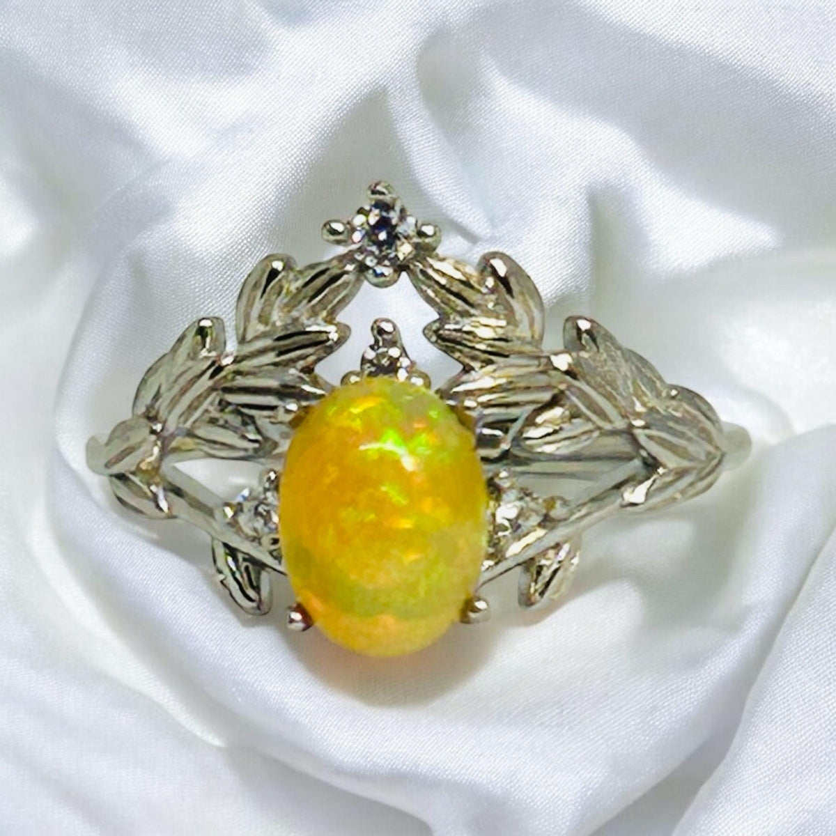 Chevron Vine Leaf Ring with Opal in 925 Sterling Silver - Adjustable Statement Jewellery Celtic Dragon Jewellery