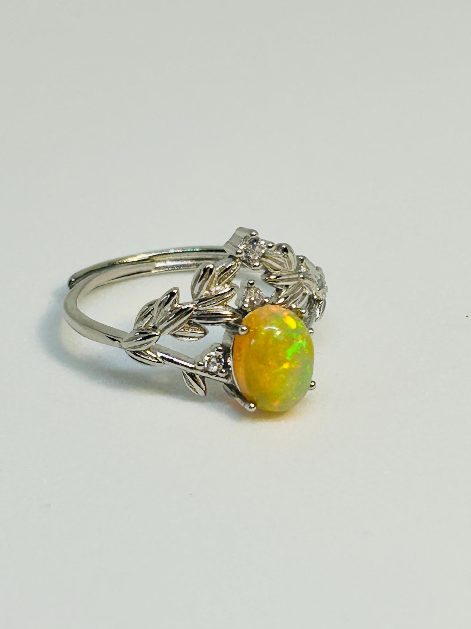 Chevron Vine Leaf Ring with Opal in 925 Sterling Silver - Adjustable Statement Jewellery Celtic Dragon Jewellery