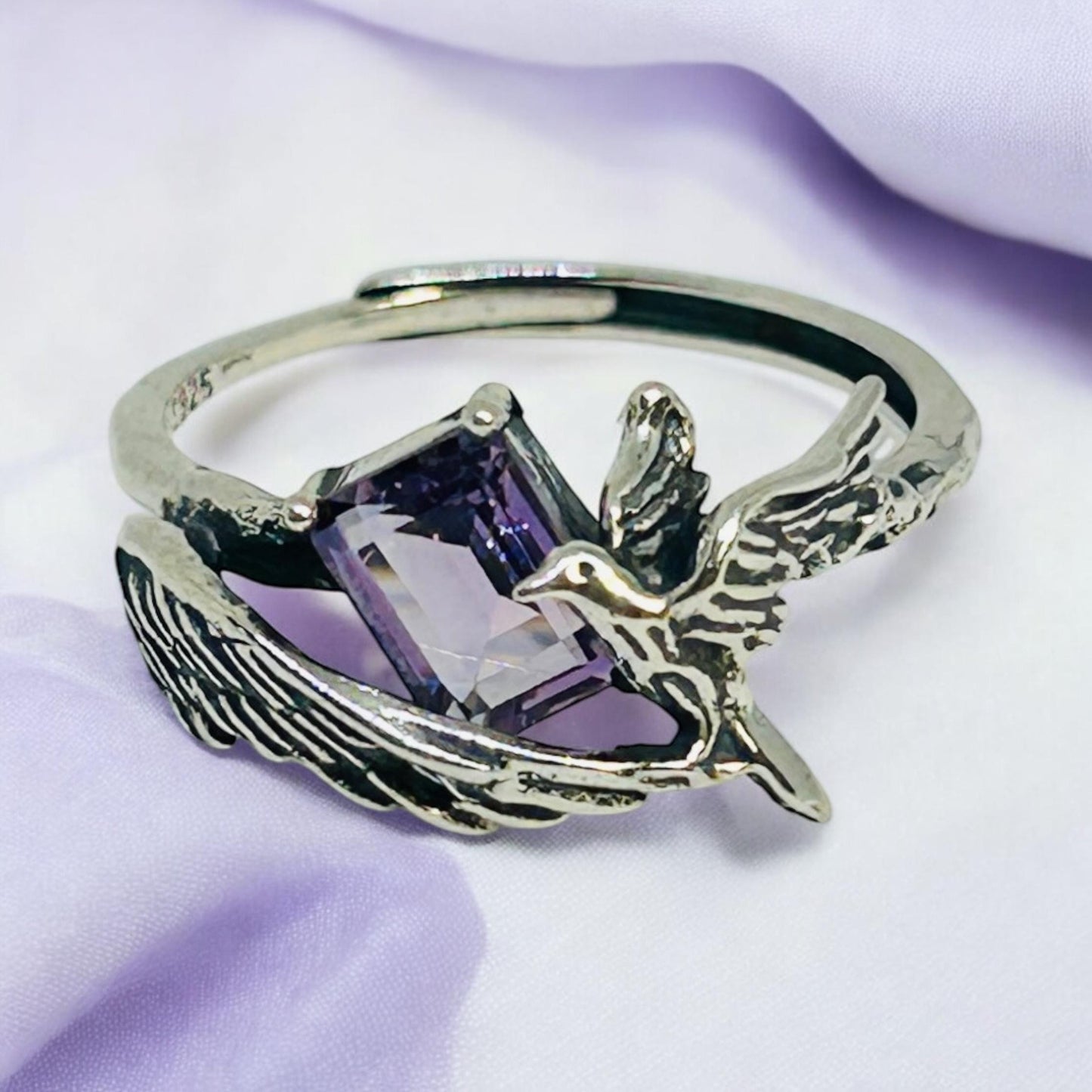 Bird Ring with Amethyst in 925 Sterling Silver - Adjustable Gothic Jewellery