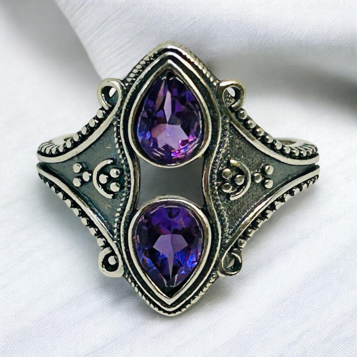 Double Amethyst Teardrop Ring in 925 Sterling Silver - Adjustable Gothic Jewellery Celtic Dragon Jewellery