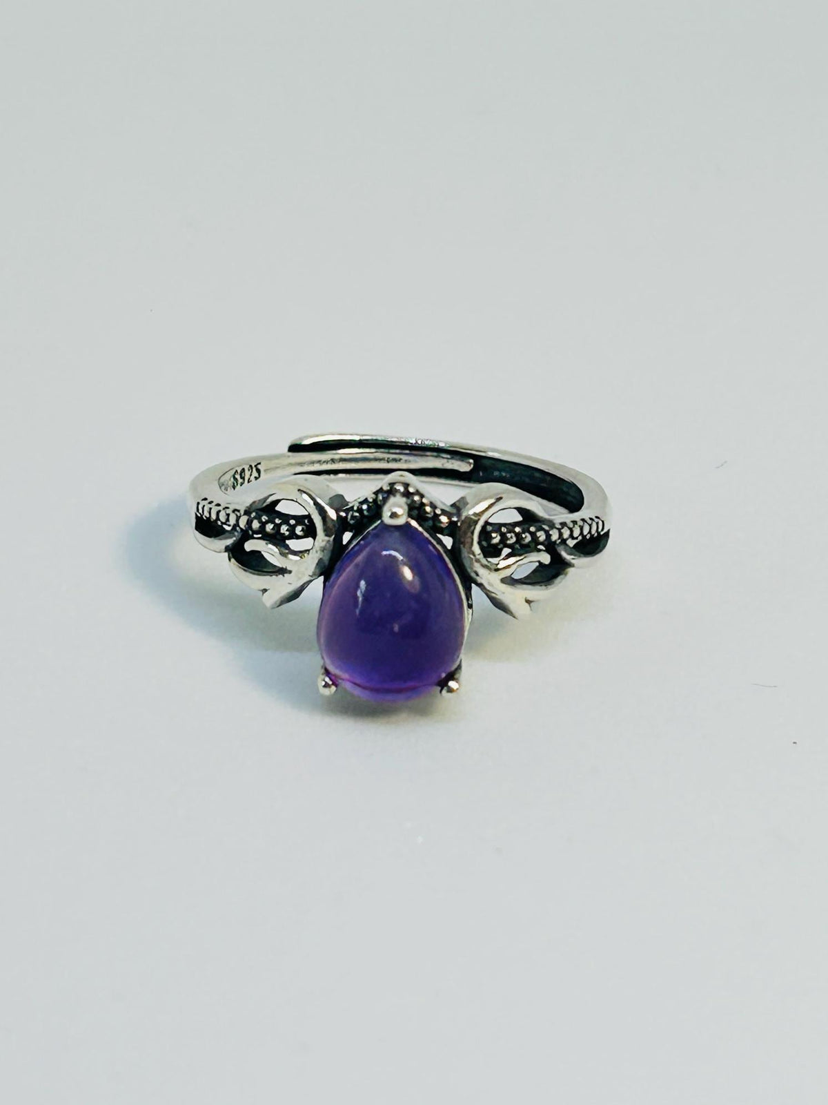 Amethyst Teardrop Ring in 925 Sterling Silver - Adjustable Gothic Romance Jewellery Celtic Dragon Jewellery