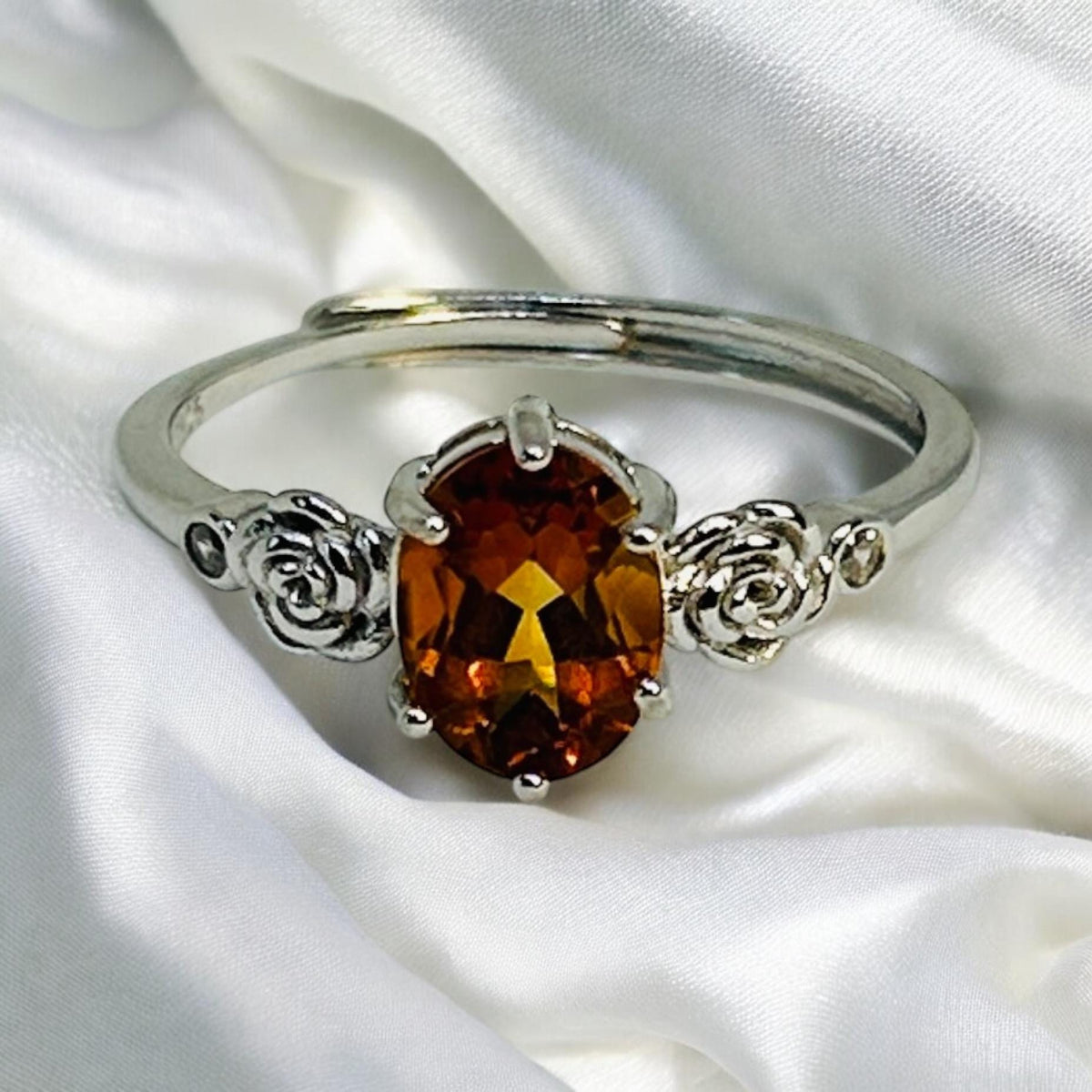 Orange Citrine Floral Ring in 925 Sterling Silver - Adjustable Minimalist Jewellery Celtic Dragon Jewellery