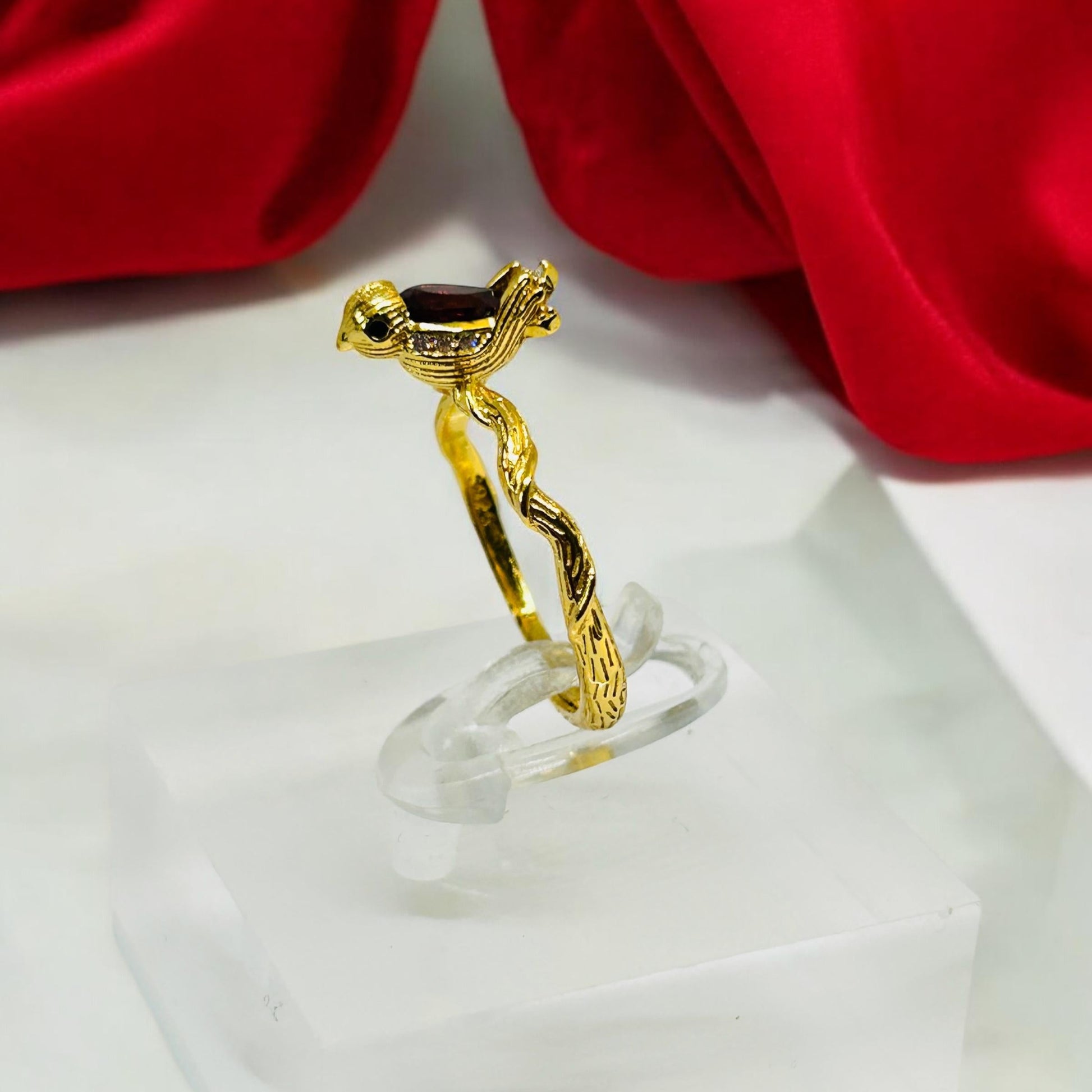 Gold Plated Sterling Silver Bird Ring with Garnet and CZ Accents – Adjustable Twig Design Celtic Dragon Jewellery