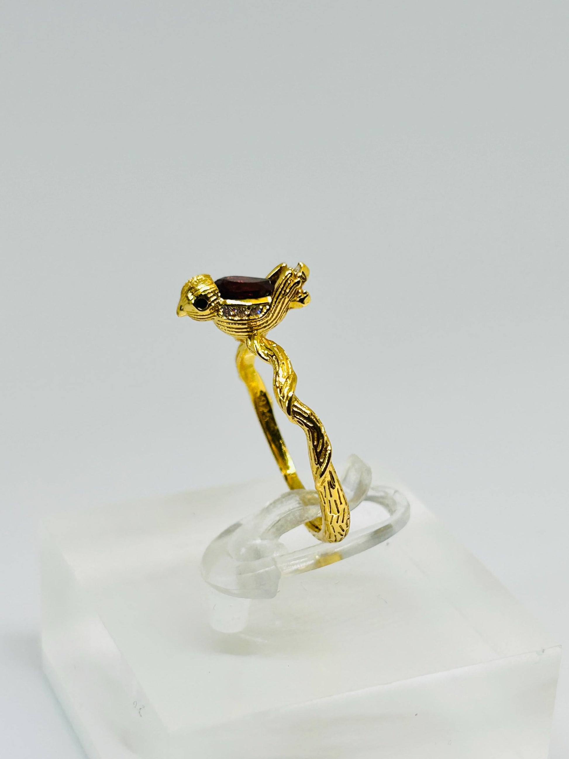 Gold Plated Sterling Silver Bird Ring with Garnet and CZ Accents – Adjustable Twig Design Celtic Dragon Jewellery