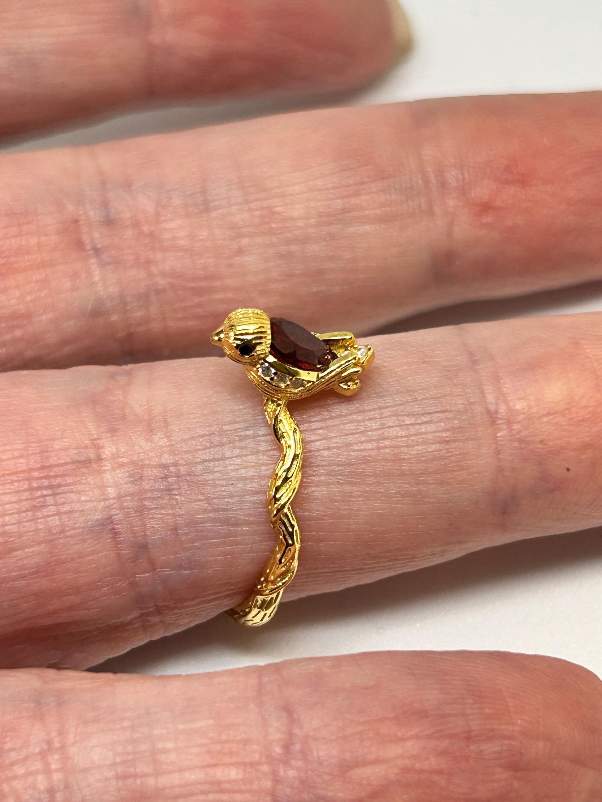 Gold Plated Sterling Silver Bird Ring with Garnet and CZ Accents – Adjustable Twig Design Celtic Dragon Jewellery