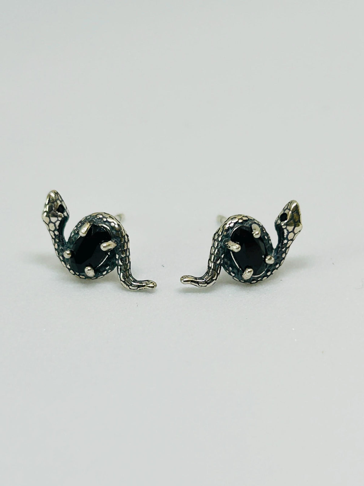 Small Snake Earrings With Black Spinel Gemstones - 925 Sterling Silver - Gothic Serpent Jewellery Celtic Dragon Jewellery